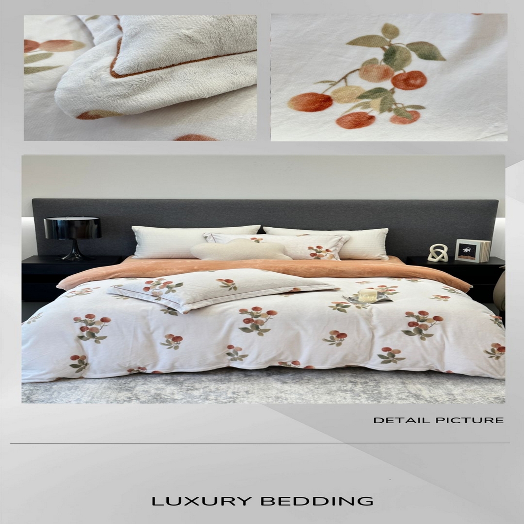 91家纺网 家纺一手货源 找家纺 JUICY 橘滋家纺 2025新款浪漫丰盈牛奶臻棉绒印花系列四件套 恬淡时光