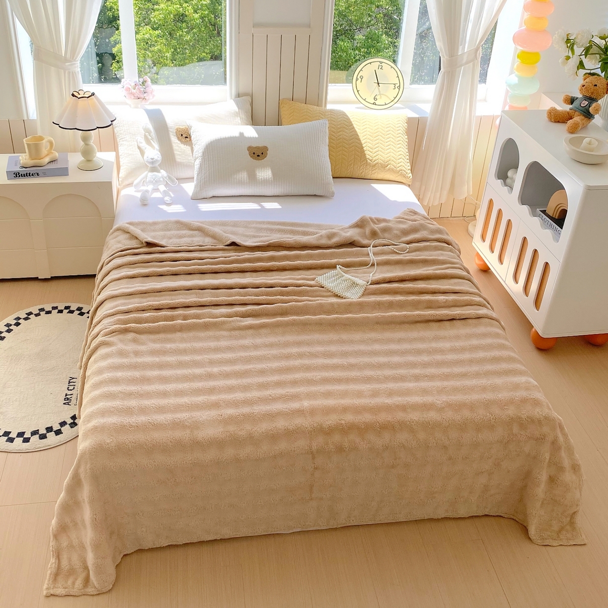 91家纺网 家纺一手货源 找家纺 yyds网供 2025新款简约印花泡泡绒毯多功能加绒盖毯沙发空调房办公午休毯毛毯毯子 香槟色-泡泡绒