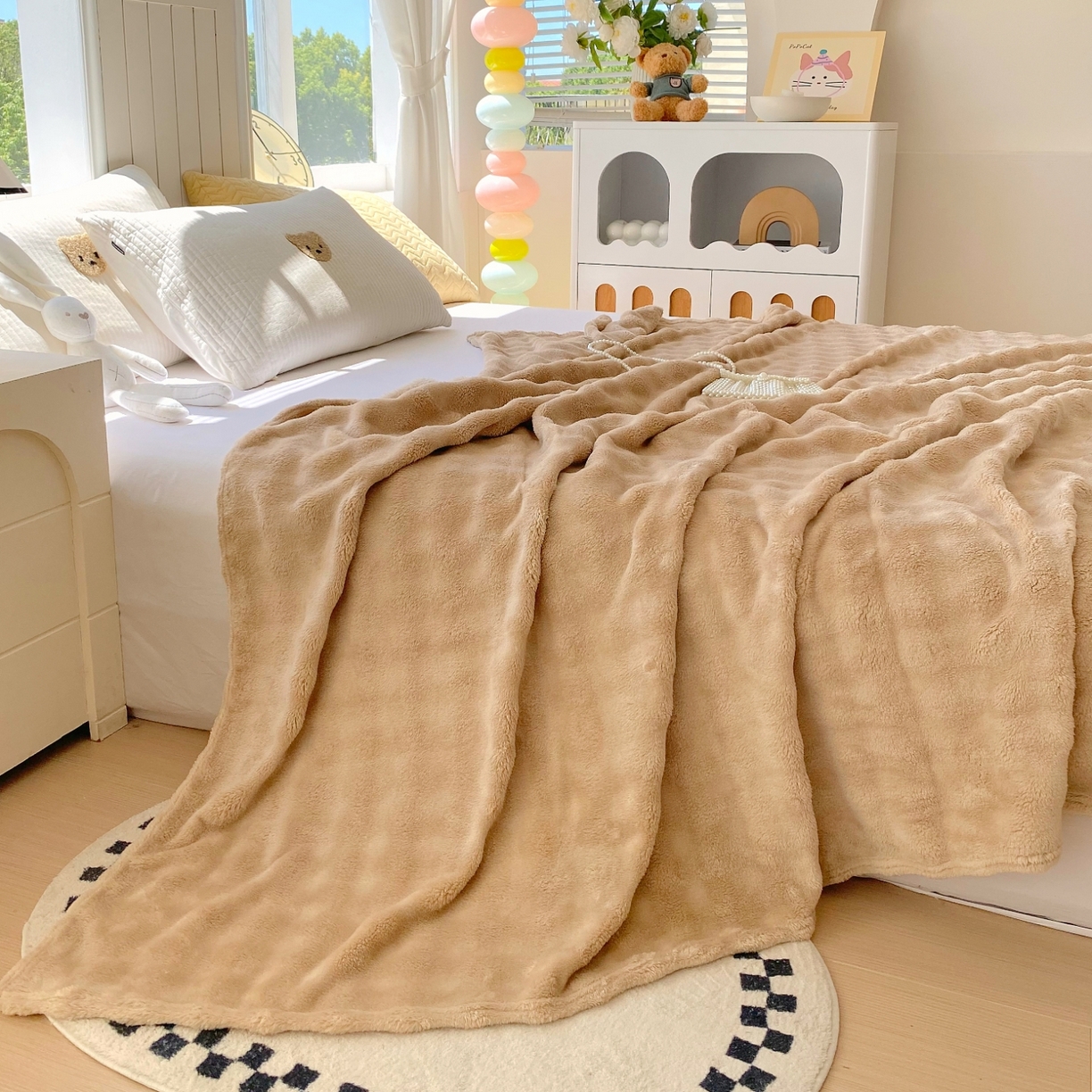 91家纺网 家纺一手货源 找家纺 yyds网供 2025新款简约印花泡泡绒毯多功能加绒盖毯沙发空调房办公午休毯毛毯毯子 香槟色-泡泡绒