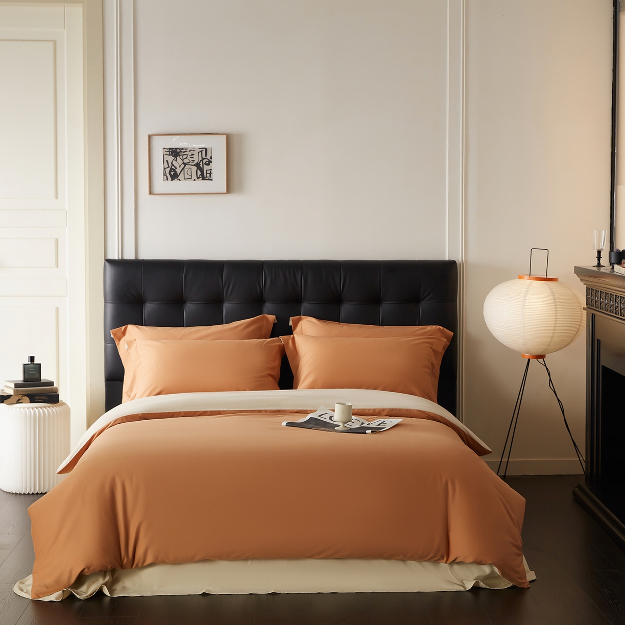 91家纺网 家纺一手货源 找家纺 秀色家纺 2025新款60支长绒棉双面加厚磨毛保暖纯棉四件套纯色被套全棉轻奢高级感 晚霞橙+奶油