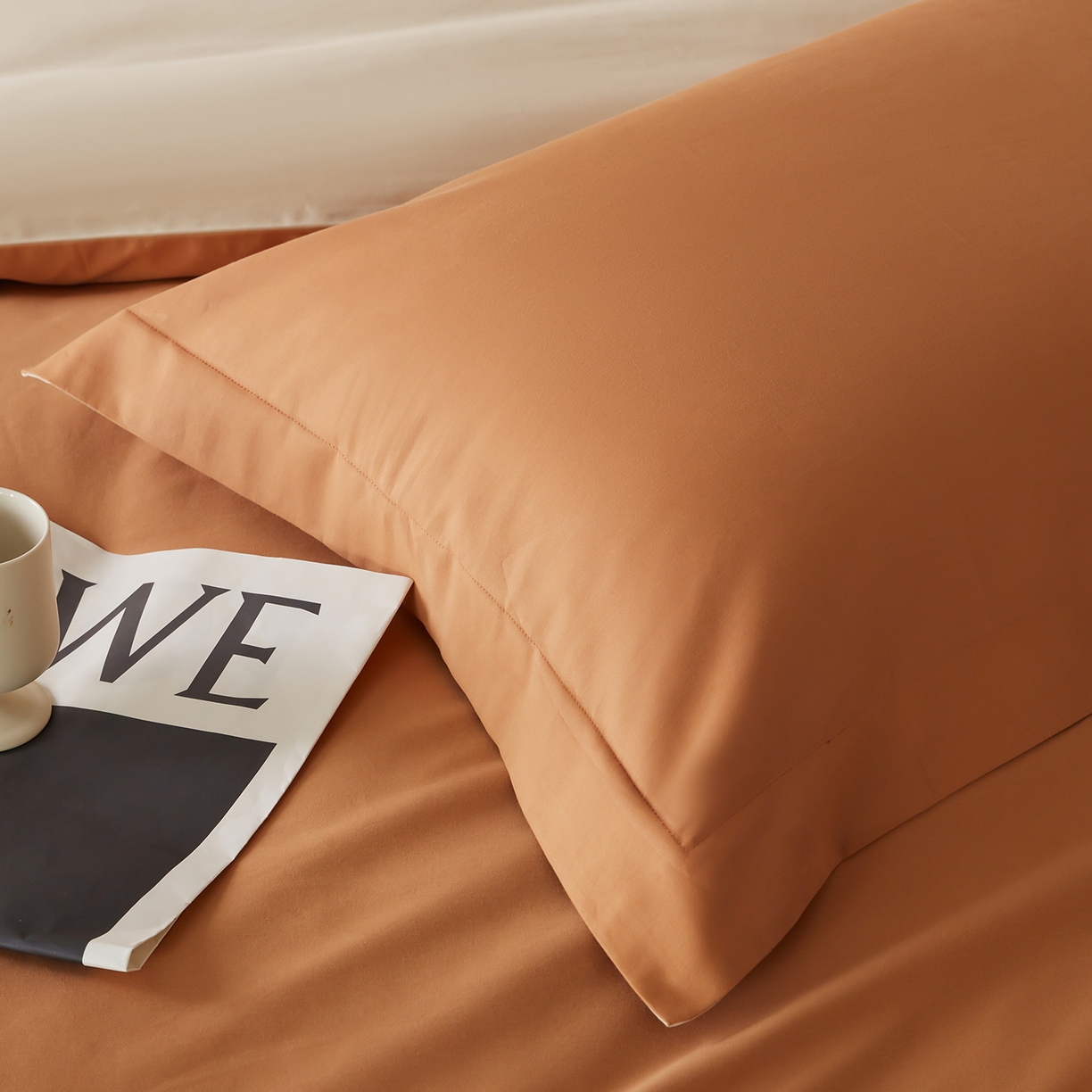 91家纺网 家纺一手货源 找家纺 秀色家纺 2025新款60支长绒棉双面加厚磨毛保暖纯棉四件套纯色被套全棉轻奢高级感 晚霞橙+奶油