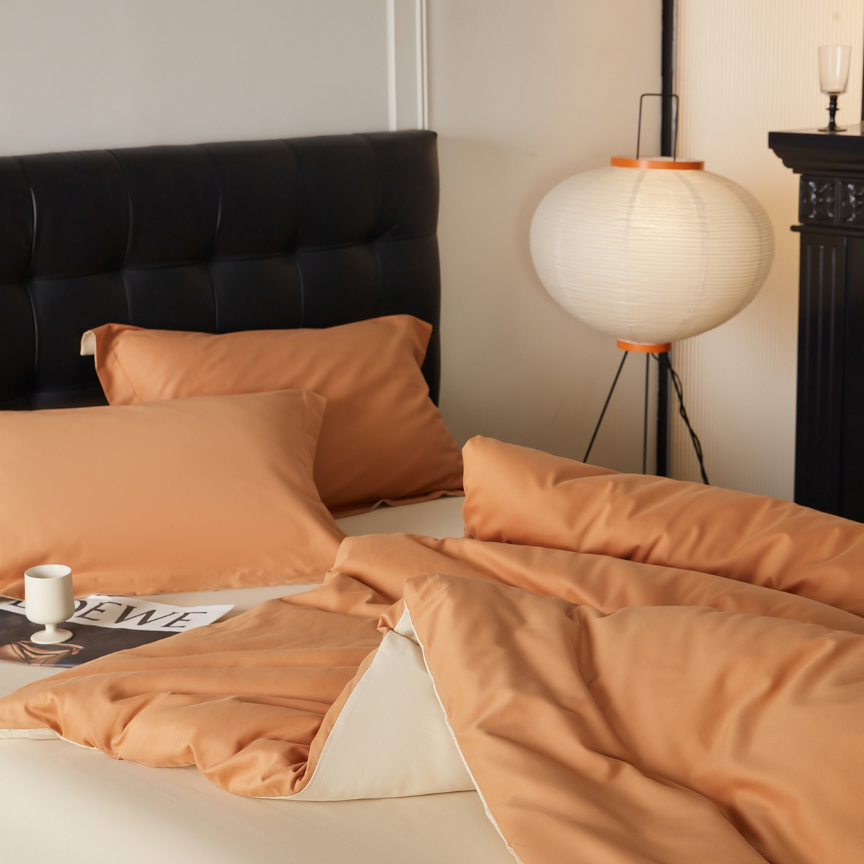 91家纺网 家纺一手货源 找家纺 秀色家纺 2025新款60支长绒棉双面加厚磨毛保暖纯棉四件套纯色被套全棉轻奢高级感 晚霞橙+奶油