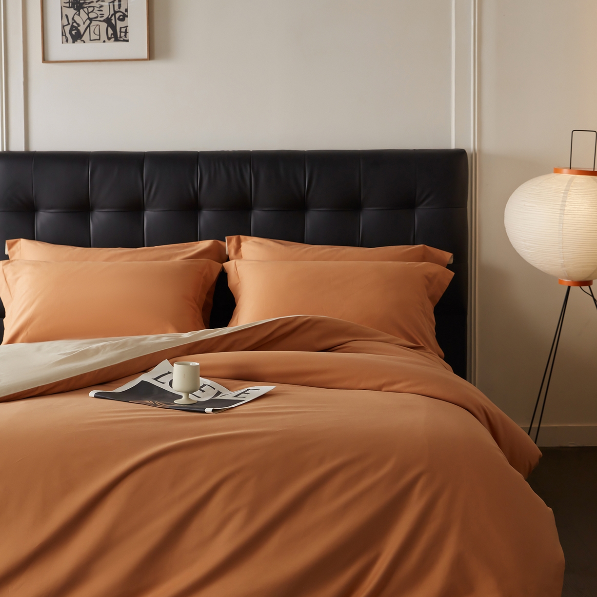 91家纺网 家纺一手货源 找家纺 秀色家纺 2025新款60支长绒棉双面加厚磨毛保暖纯棉四件套纯色被套全棉轻奢高级感 晚霞橙+奶油