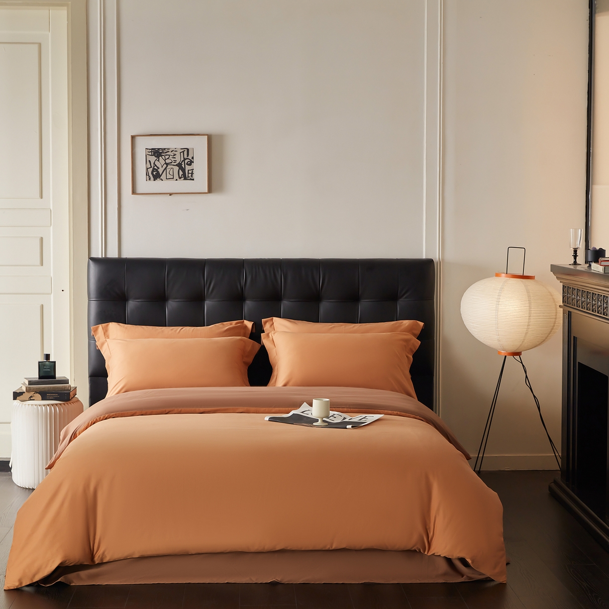 91家纺网 家纺一手货源 找家纺 秀色家纺 2025新款60支长绒棉双面加厚磨毛保暖纯棉四件套纯色被套全棉轻奢高级感 晚霞橙+深栗色