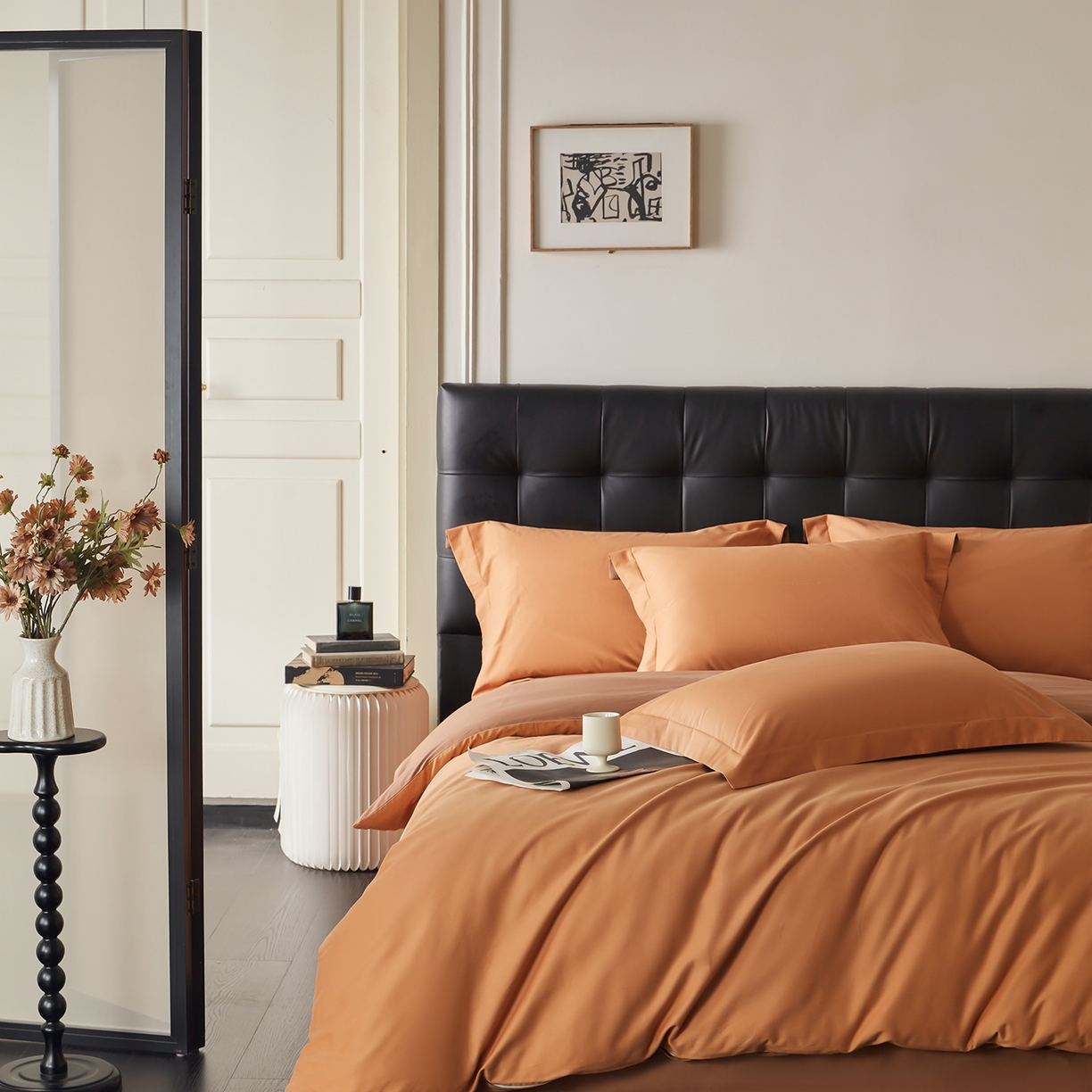 91家纺网 家纺一手货源 找家纺 秀色家纺 2025新款60支长绒棉双面加厚磨毛保暖纯棉四件套纯色被套全棉轻奢高级感 晚霞橙+深栗色