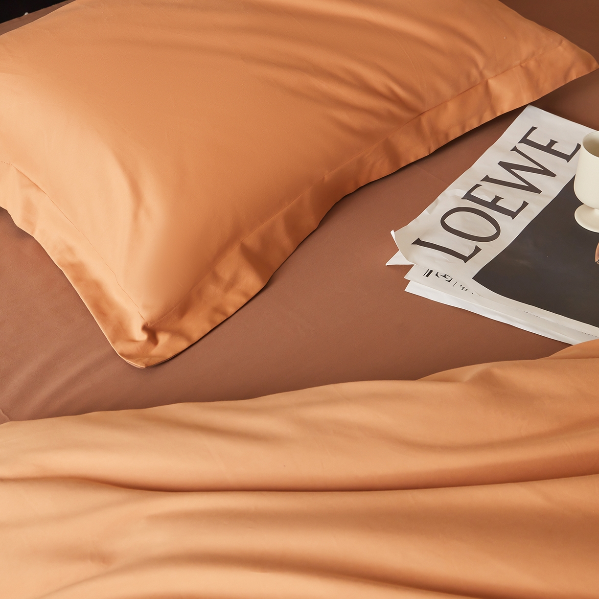 91家纺网 家纺一手货源 找家纺 秀色家纺 2025新款60支长绒棉双面加厚磨毛保暖纯棉四件套纯色被套全棉轻奢高级感 晚霞橙+深栗色