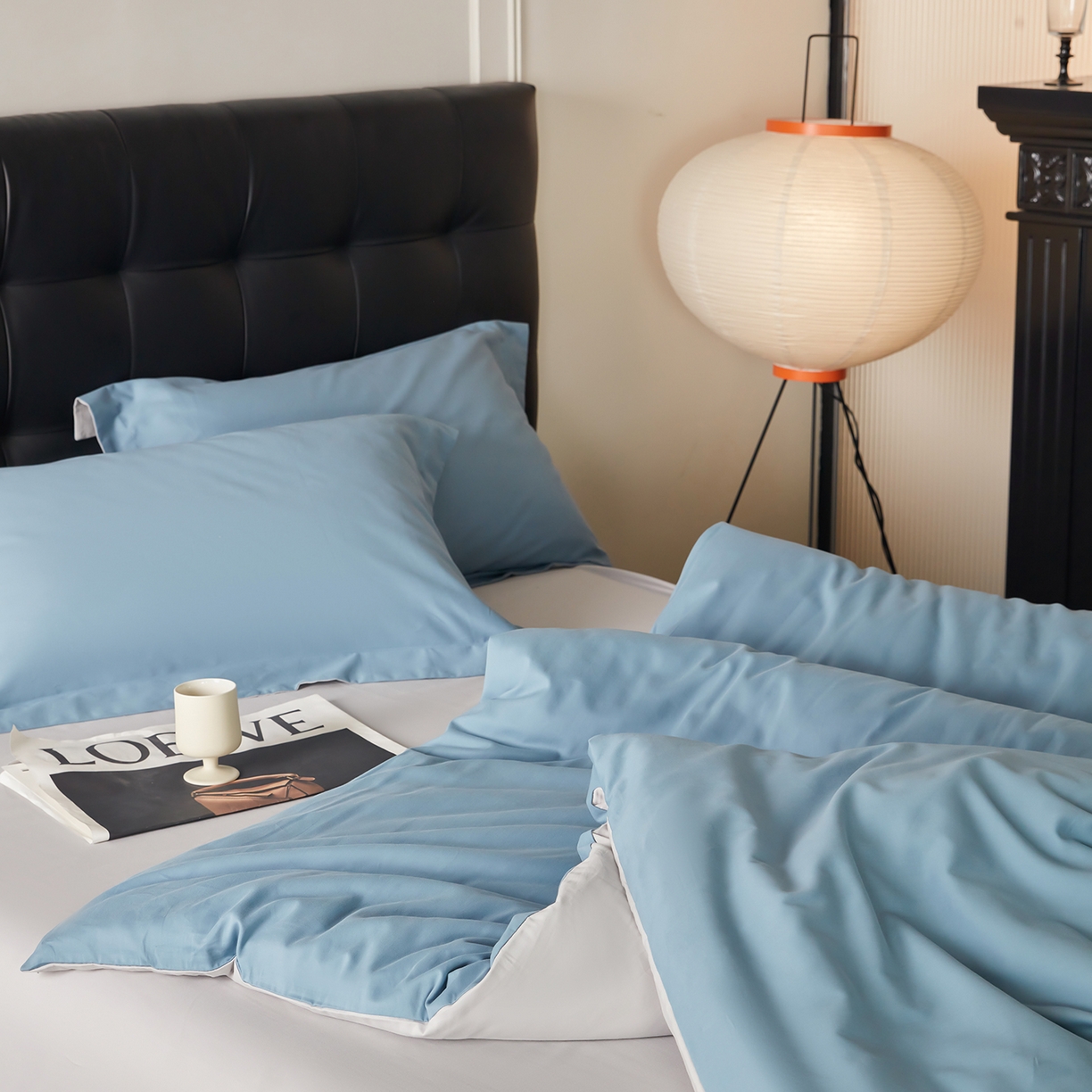 91家纺网 家纺一手货源 找家纺 秀色家纺 2025新款60支长绒棉双面加厚磨毛保暖纯棉四件套纯色被套全棉轻奢高级感 蔚蓝+珍珠灰