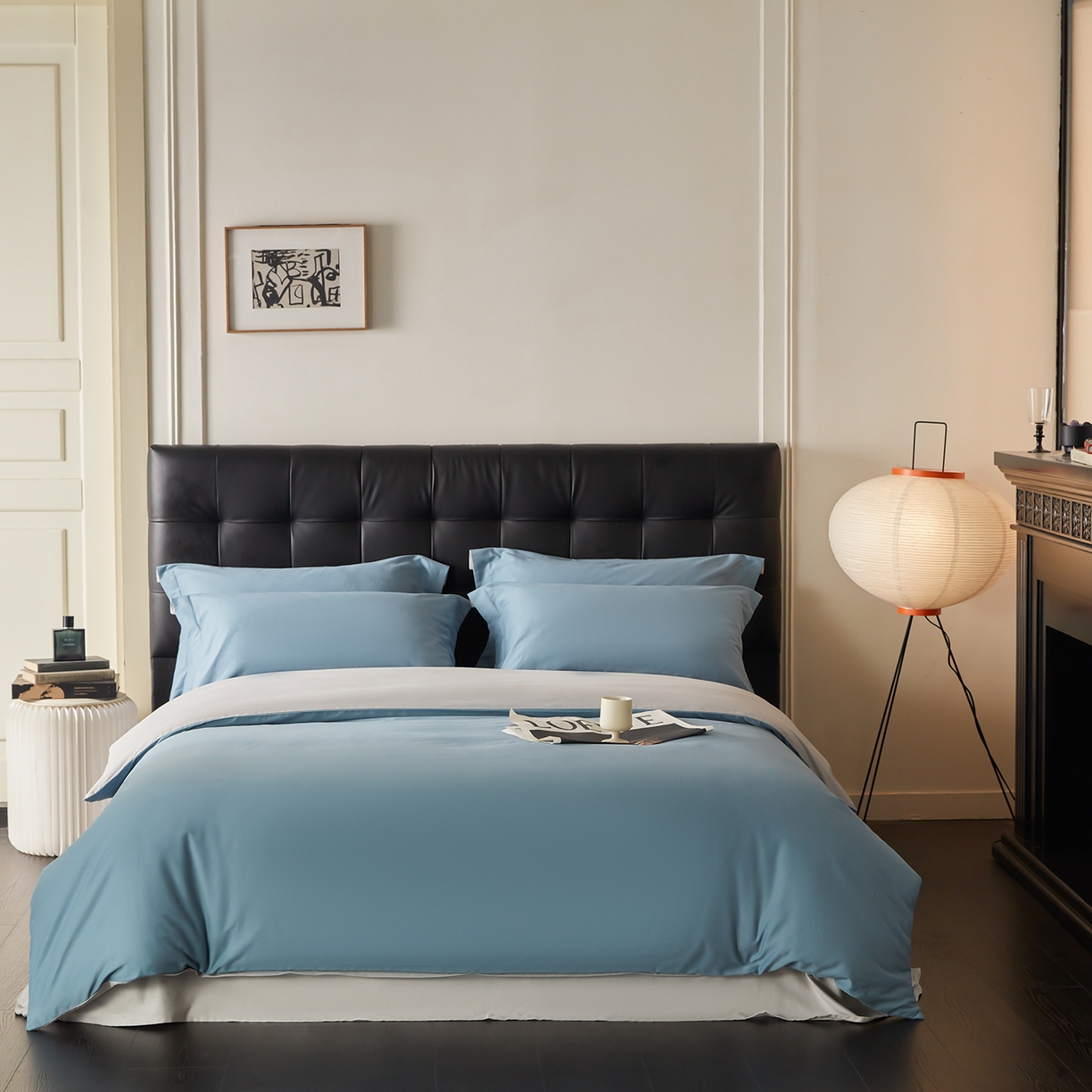 91家纺网 家纺一手货源 找家纺 秀色家纺 2025新款60支长绒棉双面加厚磨毛保暖纯棉四件套纯色被套全棉轻奢高级感 蔚蓝+珍珠灰