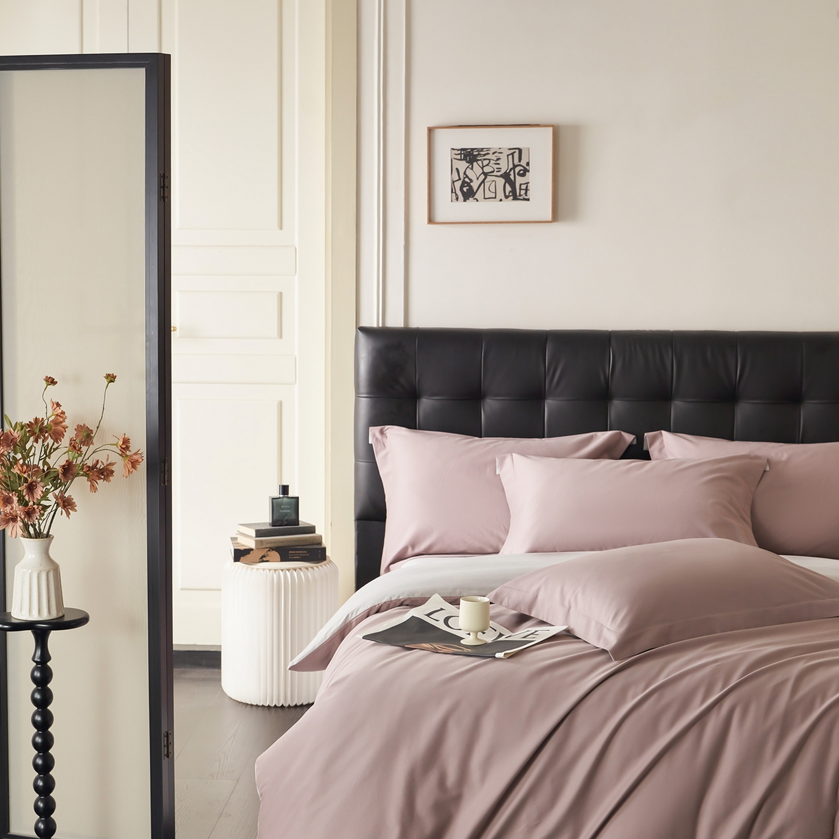 91家纺网 家纺一手货源 找家纺 秀色家纺 2025新款60支长绒棉双面加厚磨毛保暖纯棉四件套纯色被套全棉轻奢高级感 香芋紫+珍珠灰