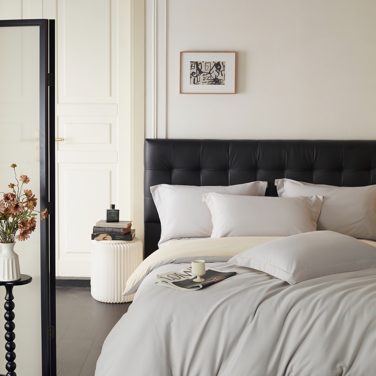 91家纺网 家纺一手货源 找家纺 秀色家纺 2025新款60支长绒棉双面加厚磨毛保暖纯棉四件套纯色被套全棉轻奢高级感 珍珠灰+奶油