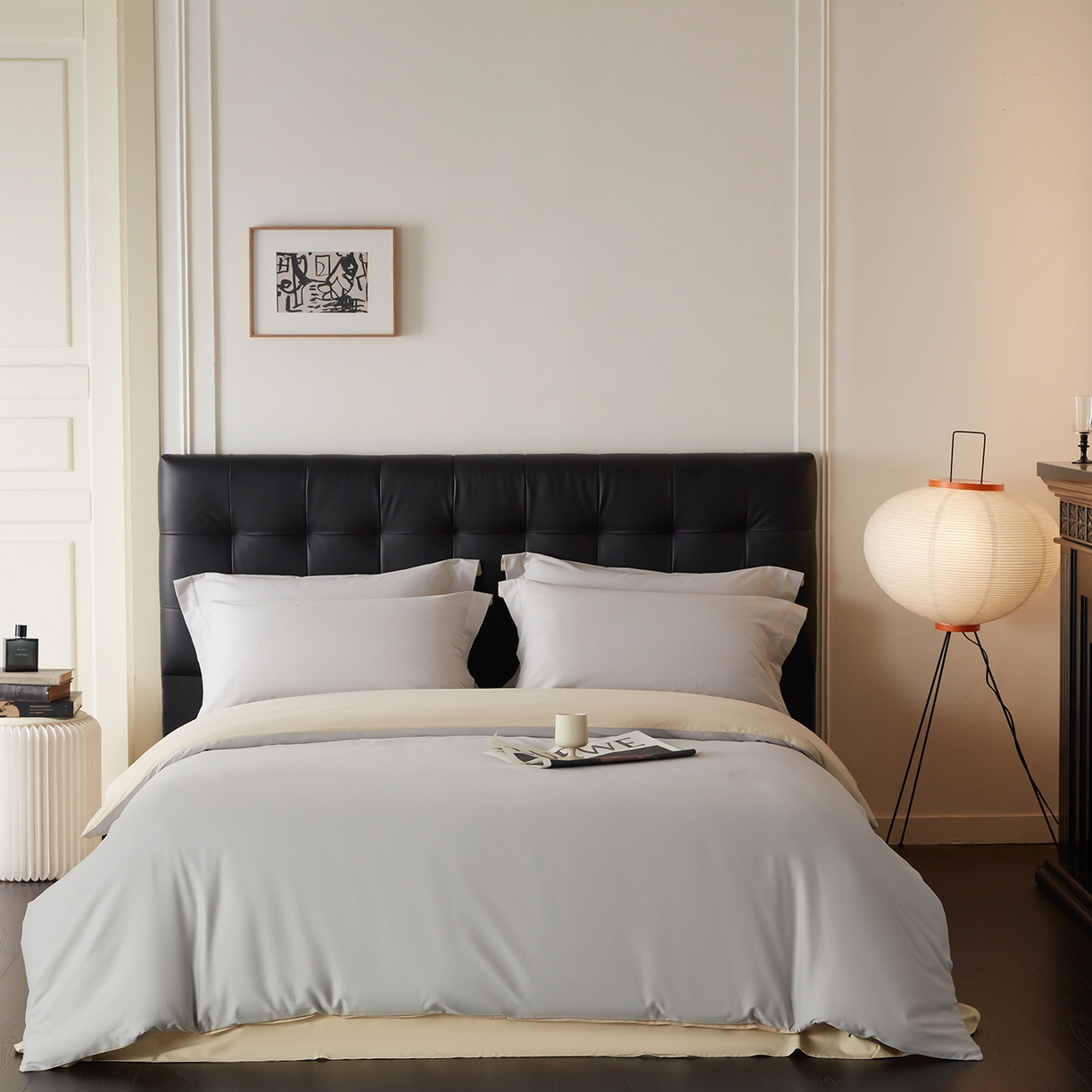 91家纺网 家纺一手货源 找家纺 秀色家纺 2025新款60支长绒棉双面加厚磨毛保暖纯棉四件套纯色被套全棉轻奢高级感 珍珠灰+奶油