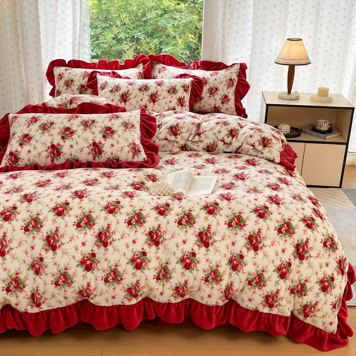 91家纺网 家纺一手货源 找家纺 牵依 2025新款韩版牛奶绒夹棉床盖四件套 梨花落