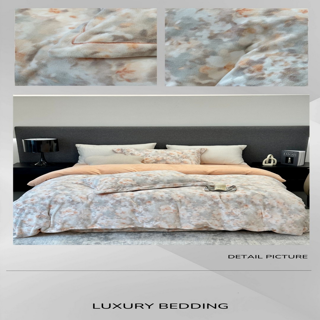 91家纺网 家纺一手货源 找家纺 JUICY 橘滋家纺 2025新款浪漫丰盈牛奶臻棉绒印花系列四件套 玉容