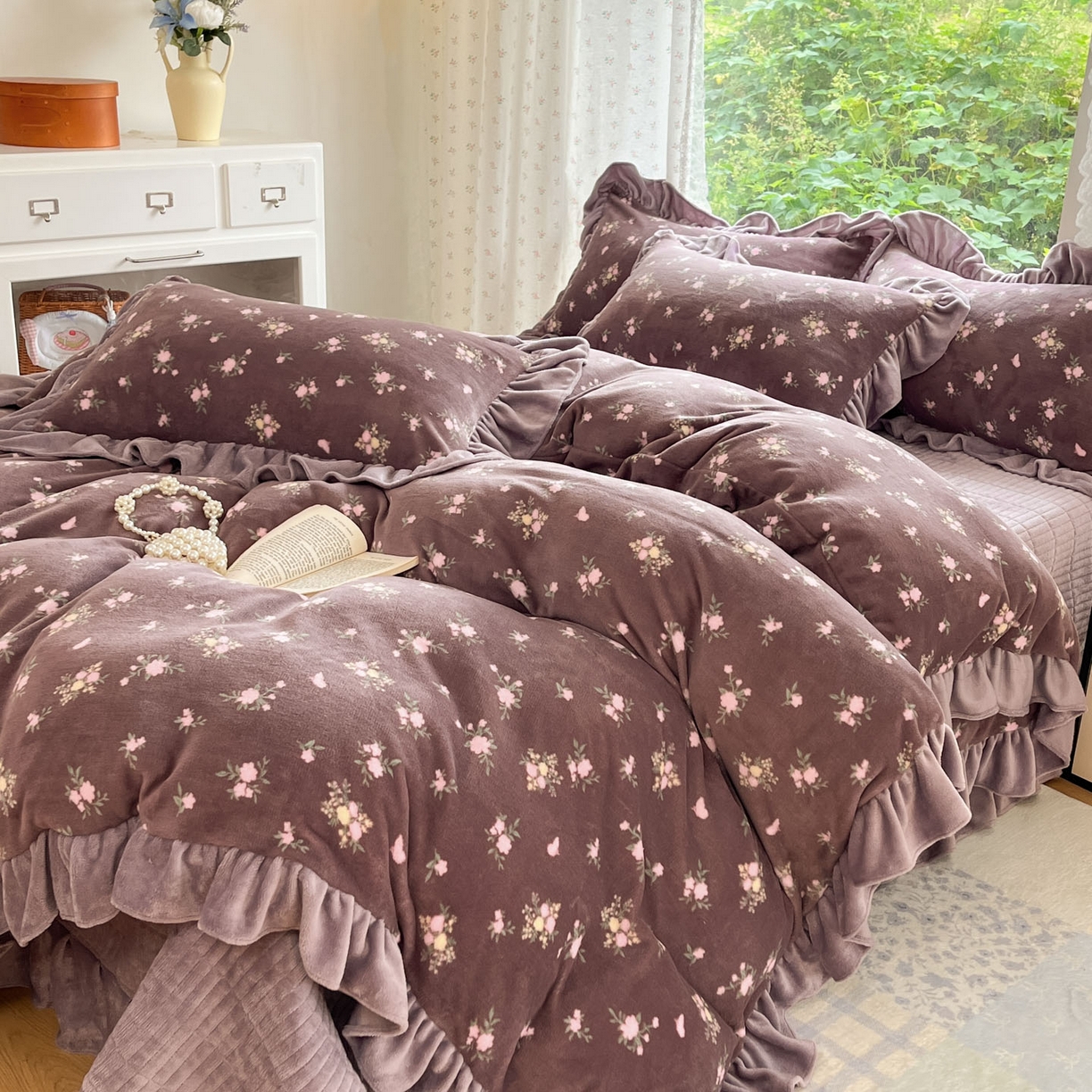 91家纺网 家纺一手货源 找家纺 牵依 2025新款韩版牛奶绒夹棉床盖四件套 紫香草