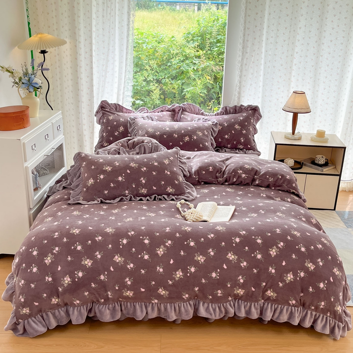 91家纺网 家纺一手货源 找家纺 牵依 2025新款韩版牛奶绒夹棉床盖四件套 紫香草