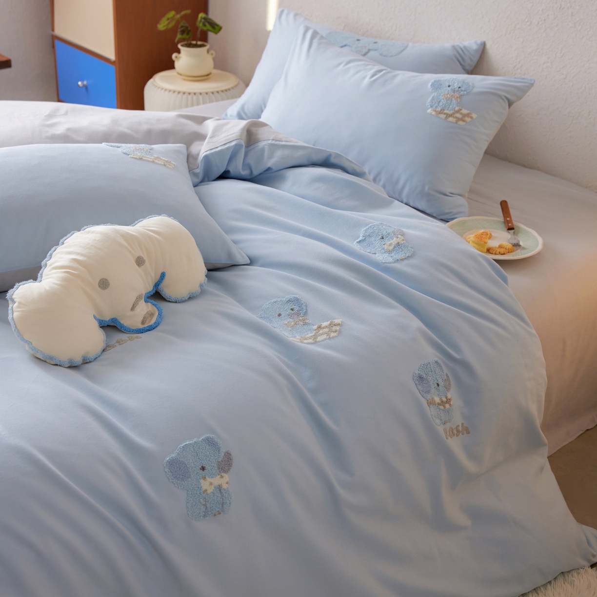 91家纺网 家纺一手货源 找家纺 （总）简纯主义 2025新款全棉磨毛毛巾绣绣花四件套-小象噜比