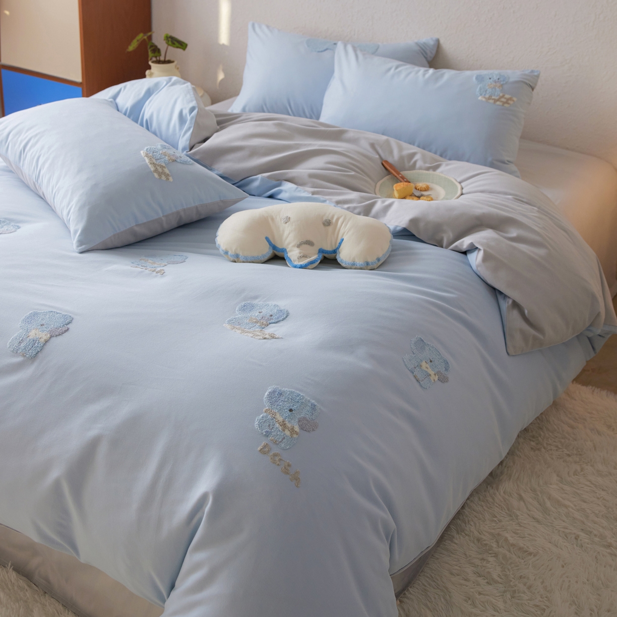 91家纺网 家纺一手货源 找家纺 （总）简纯主义 2025新款全棉磨毛毛巾绣绣花四件套-小象噜比