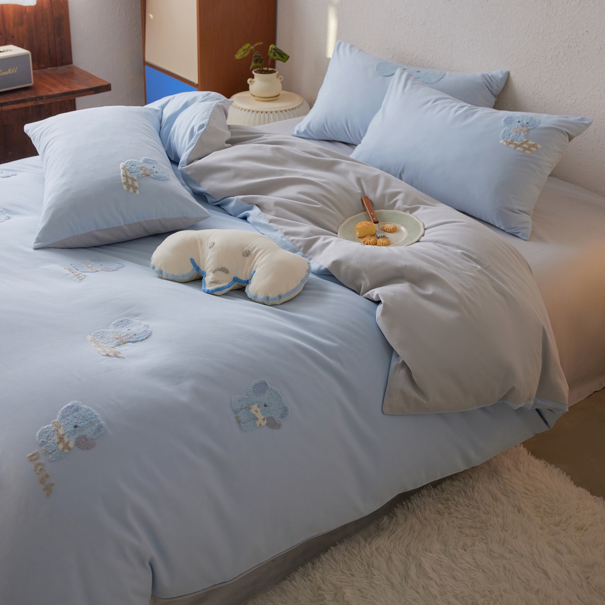 91家纺网 家纺一手货源 找家纺 （总）简纯主义 2025新款全棉磨毛毛巾绣绣花四件套-小象噜比