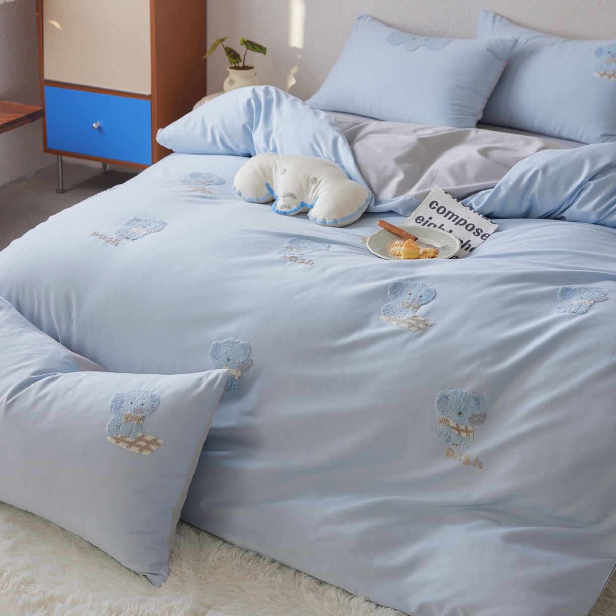 91家纺网 家纺一手货源 找家纺 （总）简纯主义 2025新款全棉磨毛毛巾绣绣花四件套-小象噜比