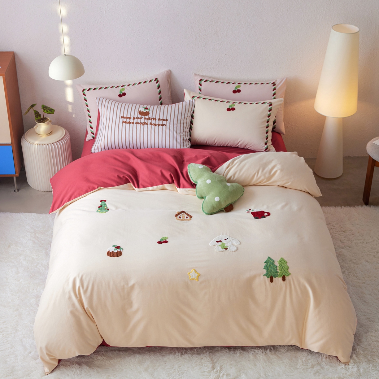 91家纺网 家纺一手货源 找家纺 （总）简纯主义 2025新款全棉磨毛毛巾绣绣花四件套-圣诞兔