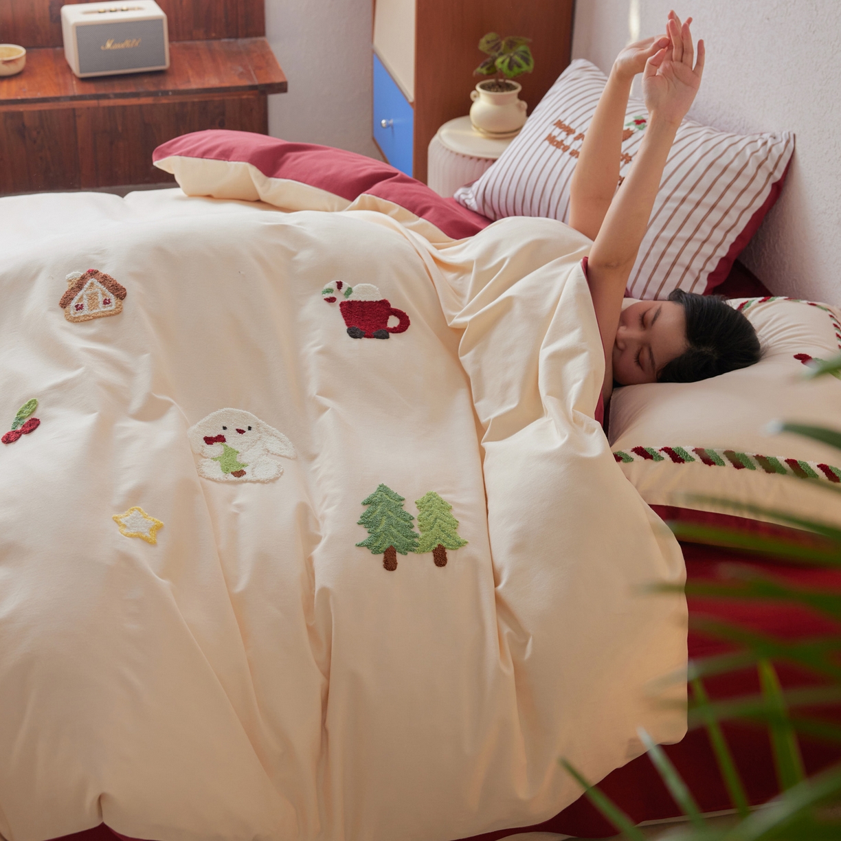 91家纺网 家纺一手货源 找家纺 简纯主义 2025新款全棉磨毛毛巾绣绣花四件套-圣诞兔 圣诞兔-红