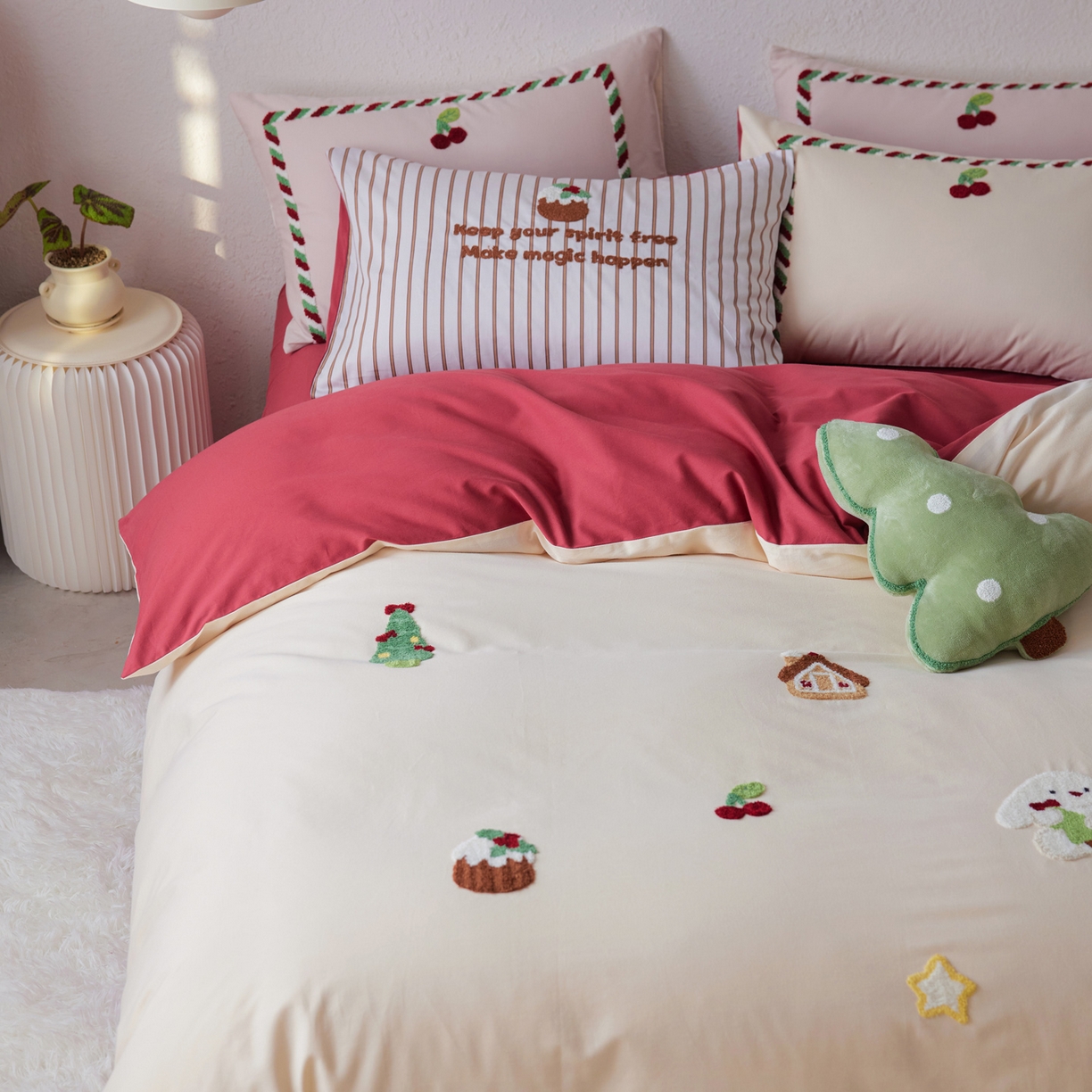 91家纺网 家纺一手货源 找家纺 简纯主义 2025新款全棉磨毛毛巾绣绣花四件套-圣诞兔 圣诞兔-红