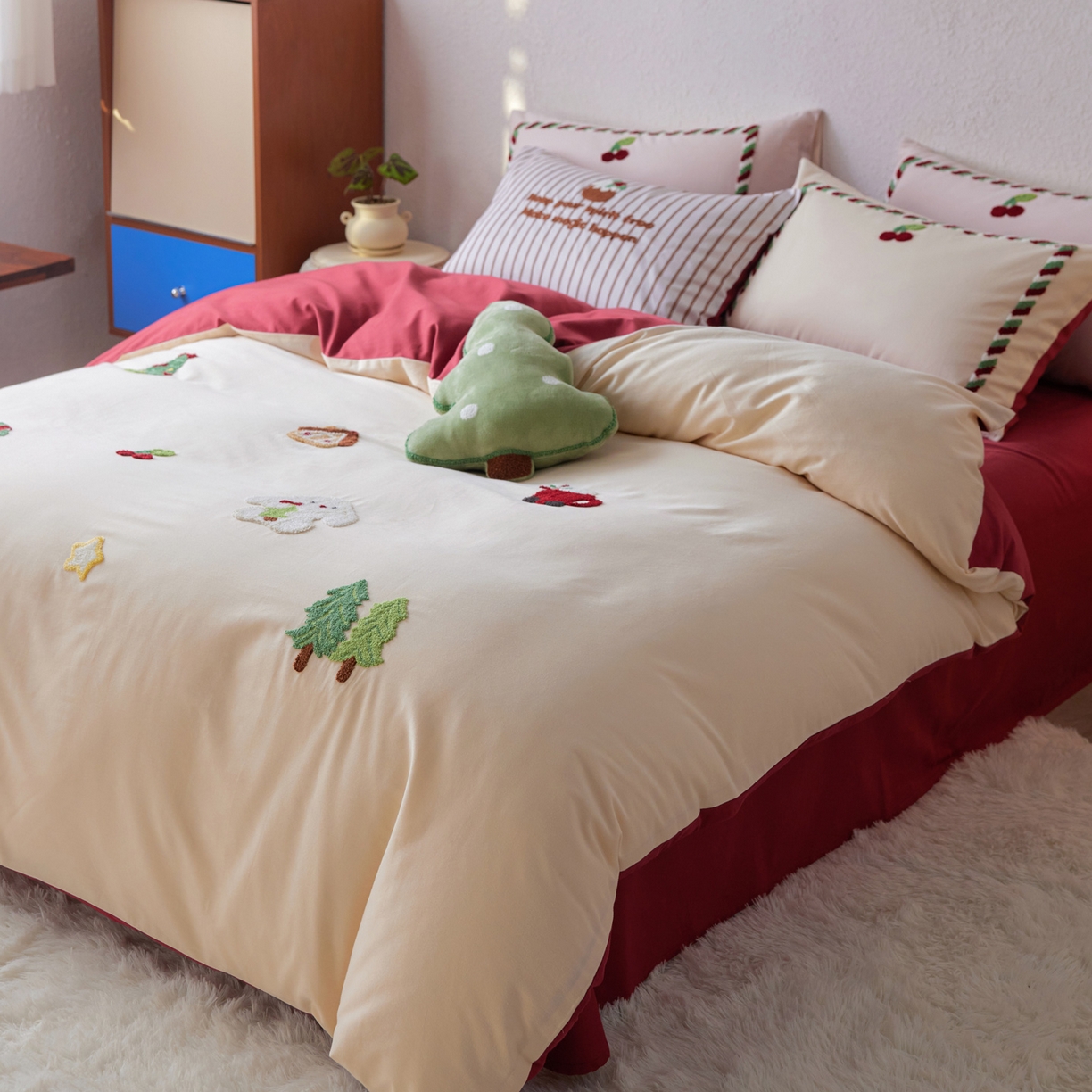 91家纺网 家纺一手货源 找家纺 简纯主义 2025新款全棉磨毛毛巾绣绣花四件套-圣诞兔 圣诞兔-红