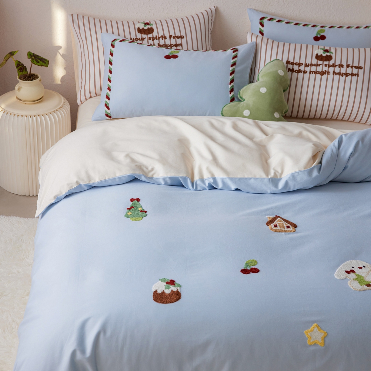 91家纺网 家纺一手货源 找家纺 简纯主义 2025新款全棉磨毛毛巾绣绣花四件套-圣诞兔 圣诞兔-蓝