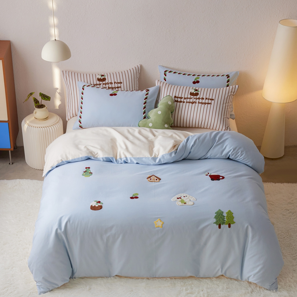 简纯主义 2025新款全棉磨毛毛巾绣绣花四件套-圣诞兔 圣诞兔-蓝