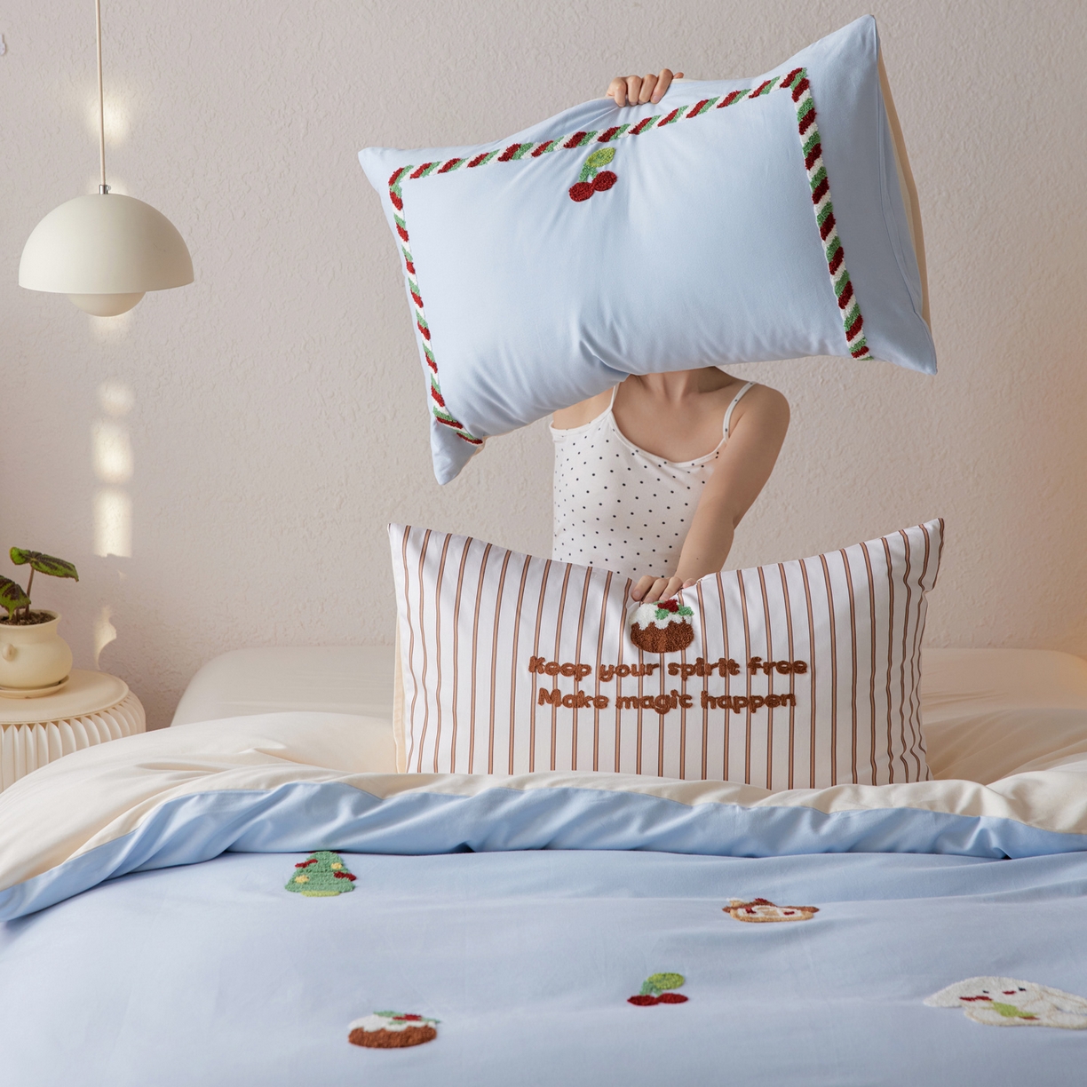 91家纺网 家纺一手货源 找家纺 简纯主义 2025新款全棉磨毛毛巾绣绣花四件套-圣诞兔 圣诞兔-蓝