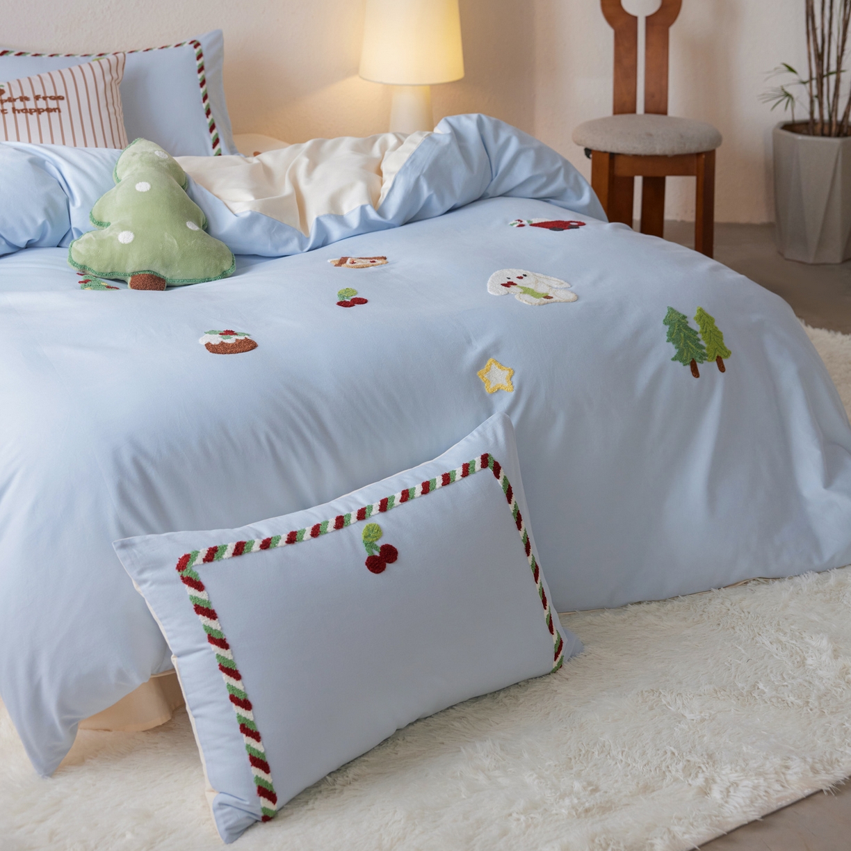 91家纺网 家纺一手货源 找家纺 简纯主义 2025新款全棉磨毛毛巾绣绣花四件套-圣诞兔 圣诞兔-蓝