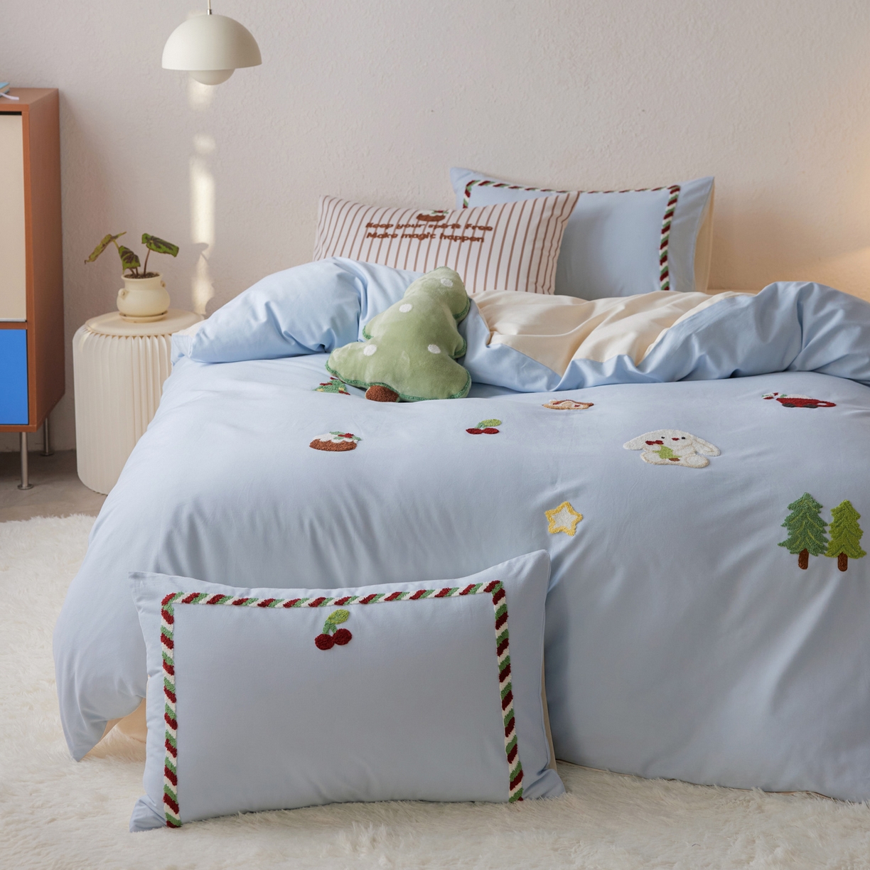 91家纺网 家纺一手货源 找家纺 简纯主义 2025新款全棉磨毛毛巾绣绣花四件套-圣诞兔 圣诞兔-蓝