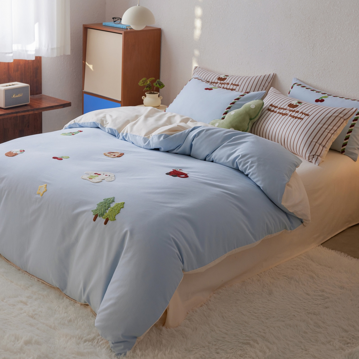 91家纺网 家纺一手货源 找家纺 简纯主义 2025新款全棉磨毛毛巾绣绣花四件套-圣诞兔 圣诞兔-蓝