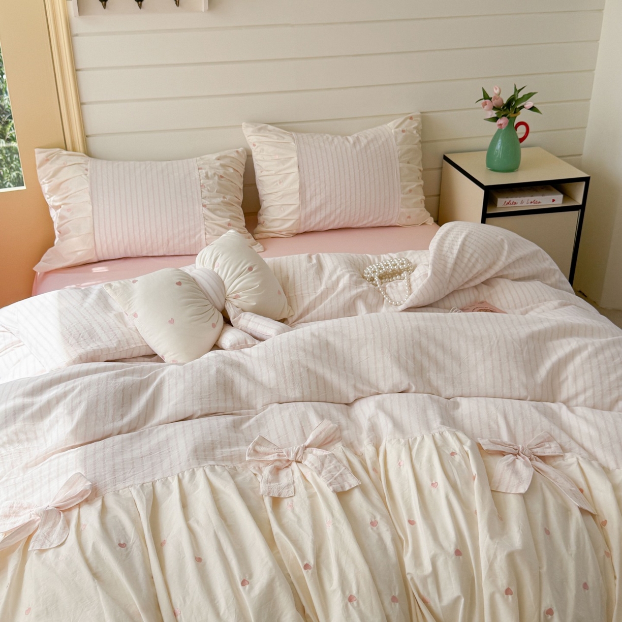 91家纺网 家纺一手货源 找家纺 觅糖家纺 2025新款100%全棉色织水洗棉系列四件套 月光甜美-粉