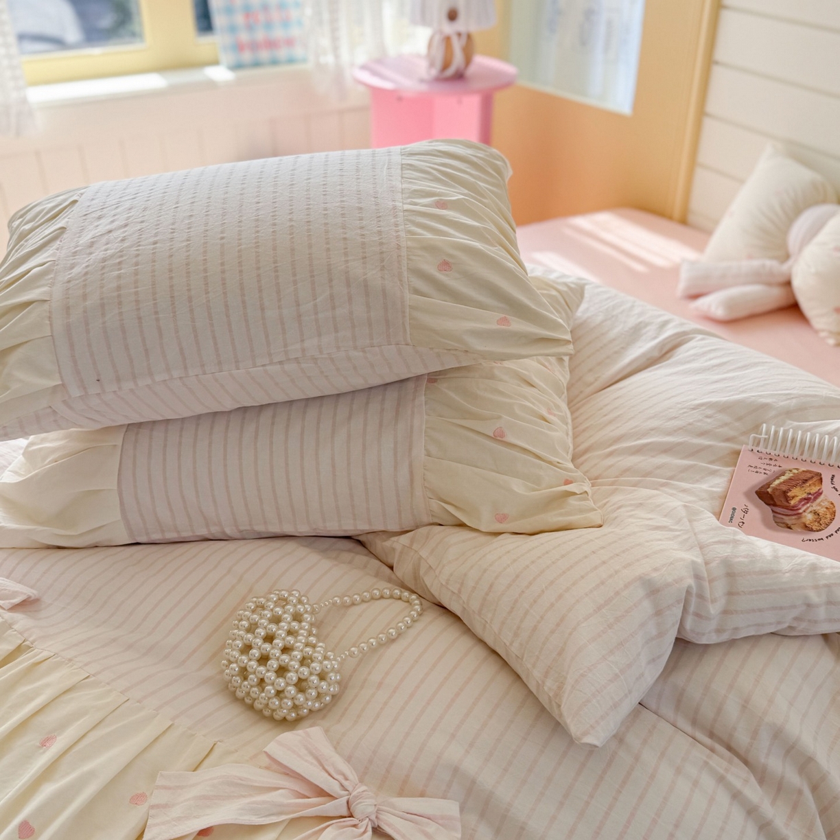 91家纺网 家纺一手货源 找家纺 觅糖家纺 2025新款100%全棉色织水洗棉系列四件套 月光甜美-粉