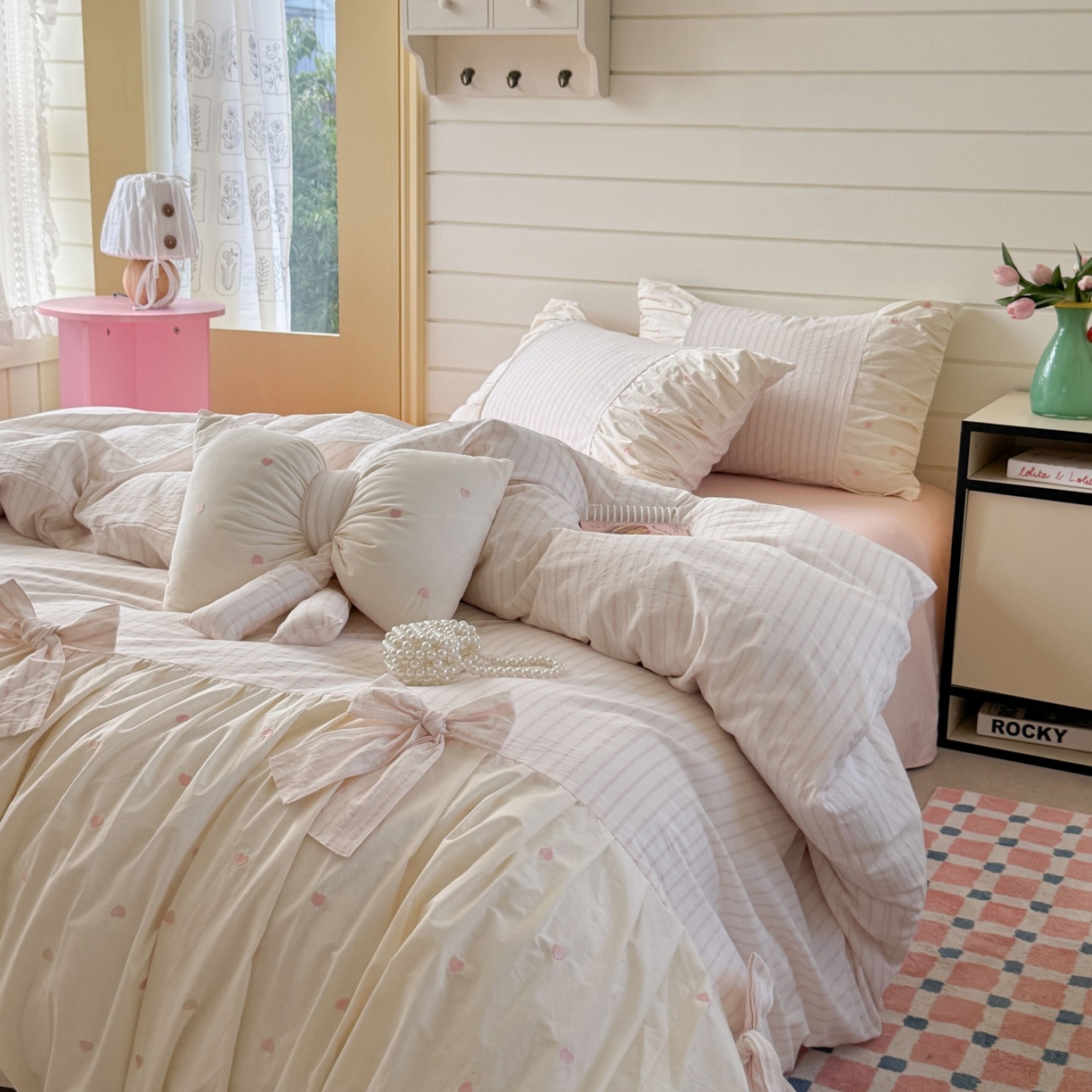 91家纺网 家纺一手货源 找家纺 觅糖家纺 2025新款100%全棉色织水洗棉系列四件套 月光甜美-粉