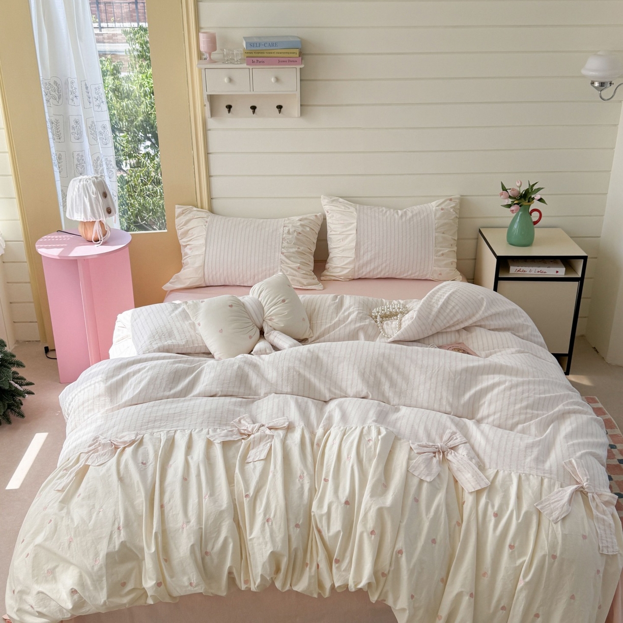 91家纺网 家纺一手货源 找家纺 觅糖家纺 2025新款100%全棉色织水洗棉系列四件套 月光甜美-粉