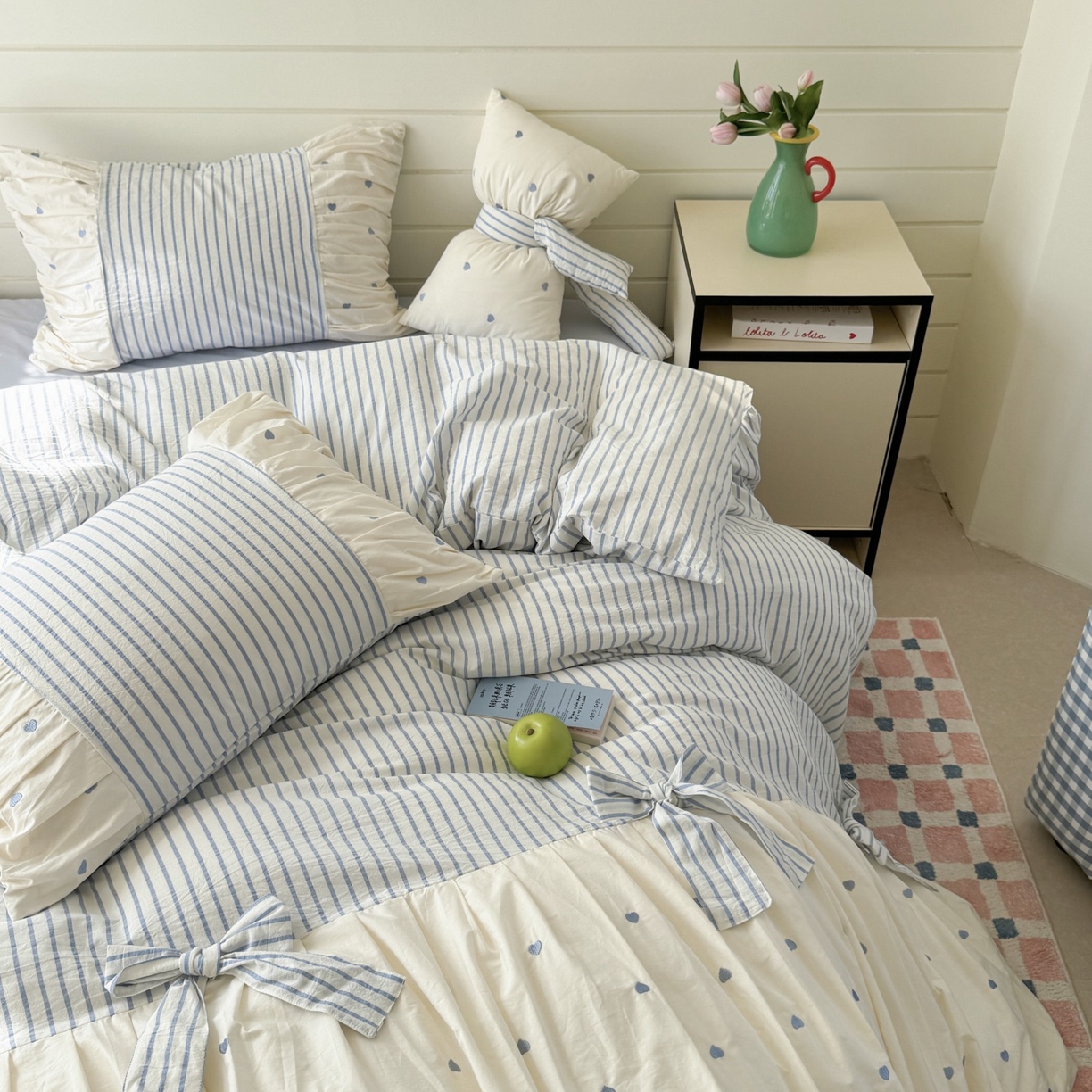 91家纺网 家纺一手货源 找家纺 觅糖家纺 2025新款100%全棉色织水洗棉系列四件套 月光甜梦-蓝