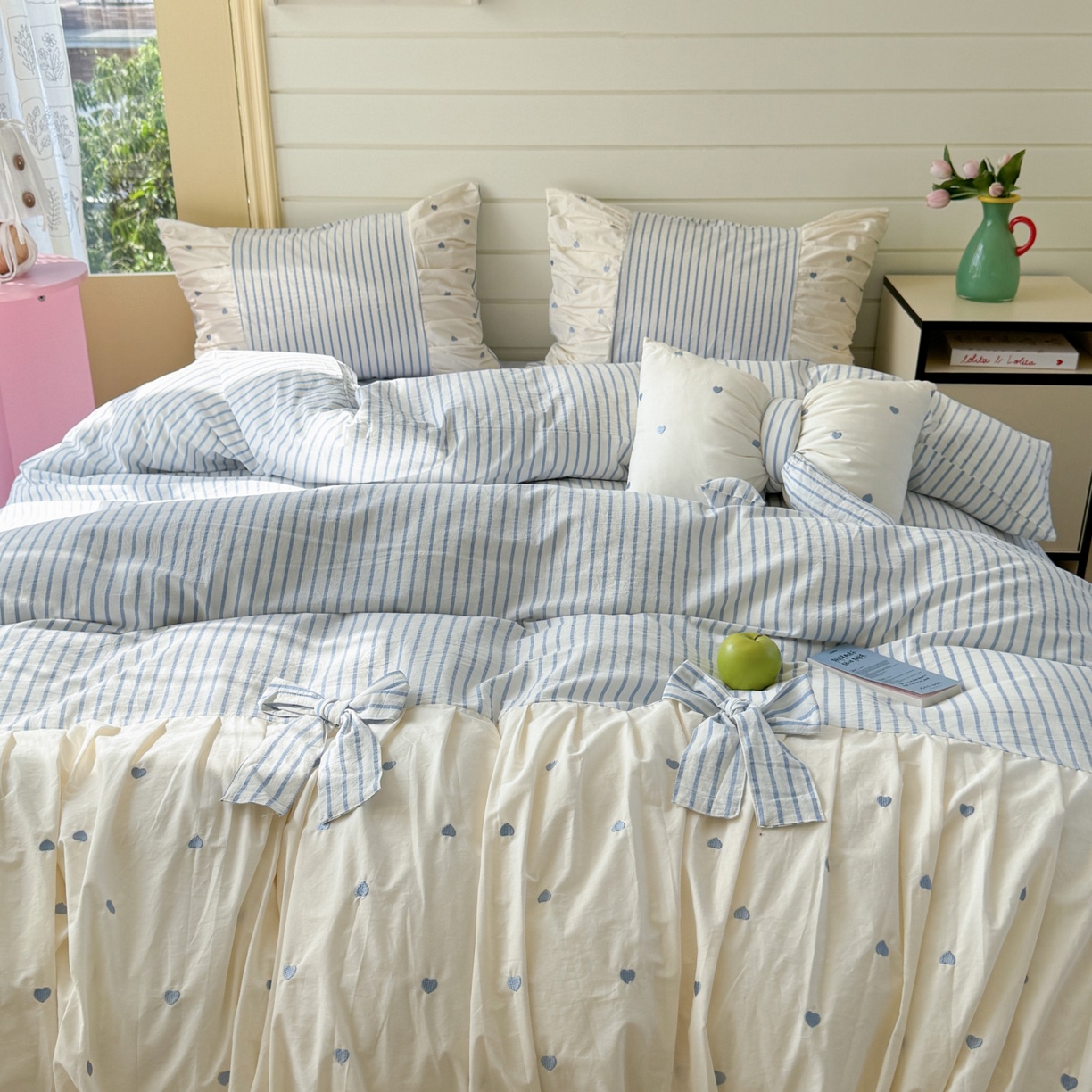 91家纺网 家纺一手货源 找家纺 觅糖家纺 2025新款100%全棉色织水洗棉系列四件套 月光甜梦-蓝