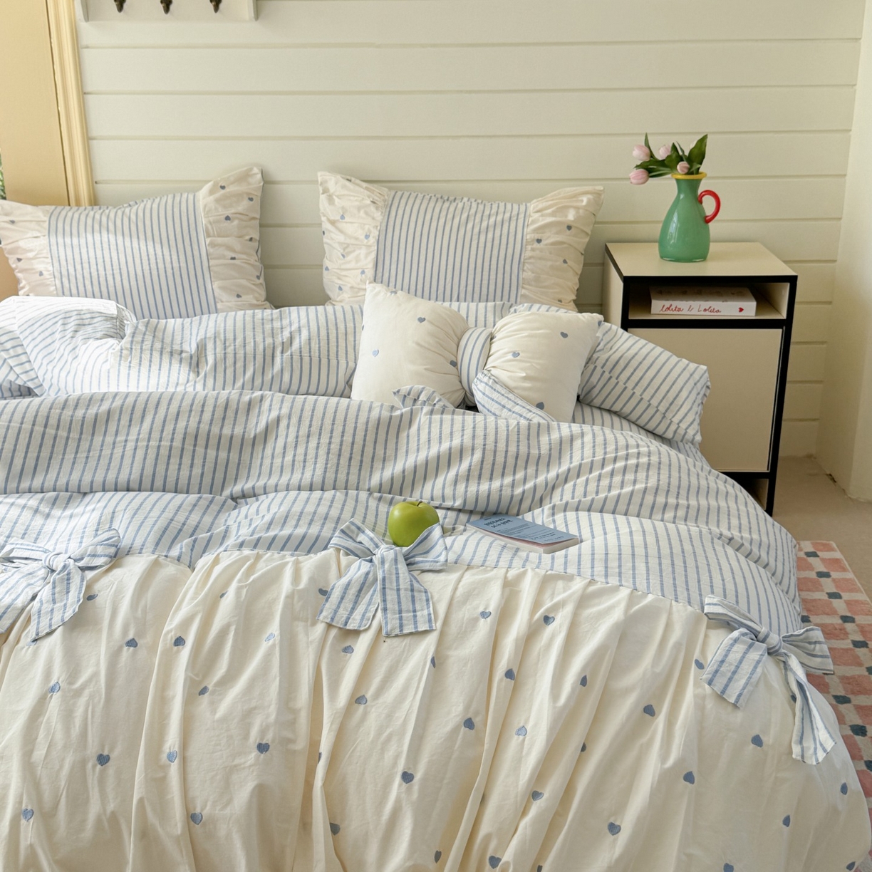 91家纺网 家纺一手货源 找家纺 觅糖家纺 2025新款100%全棉色织水洗棉系列四件套 月光甜梦-蓝