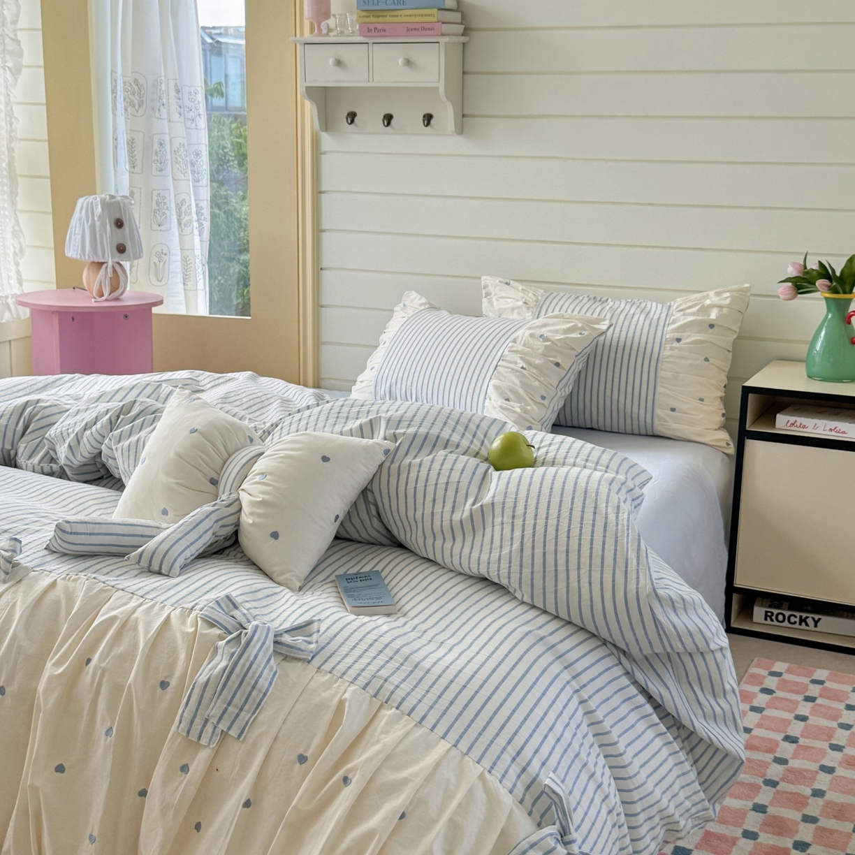 91家纺网 家纺一手货源 找家纺 觅糖家纺 2025新款100%全棉色织水洗棉系列四件套 月光甜梦-蓝