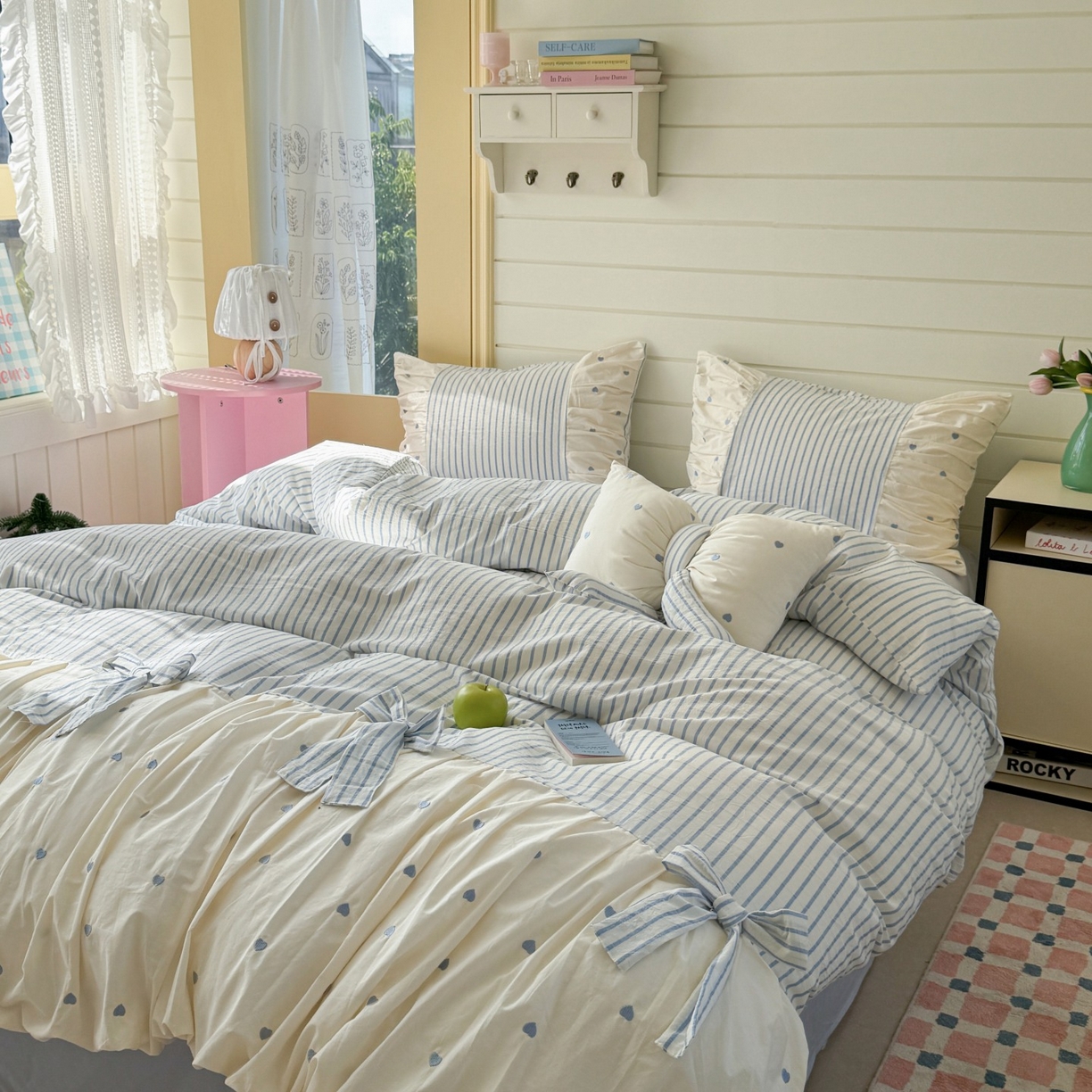 91家纺网 家纺一手货源 找家纺 觅糖家纺 2025新款100%全棉色织水洗棉系列四件套 月光甜梦-蓝