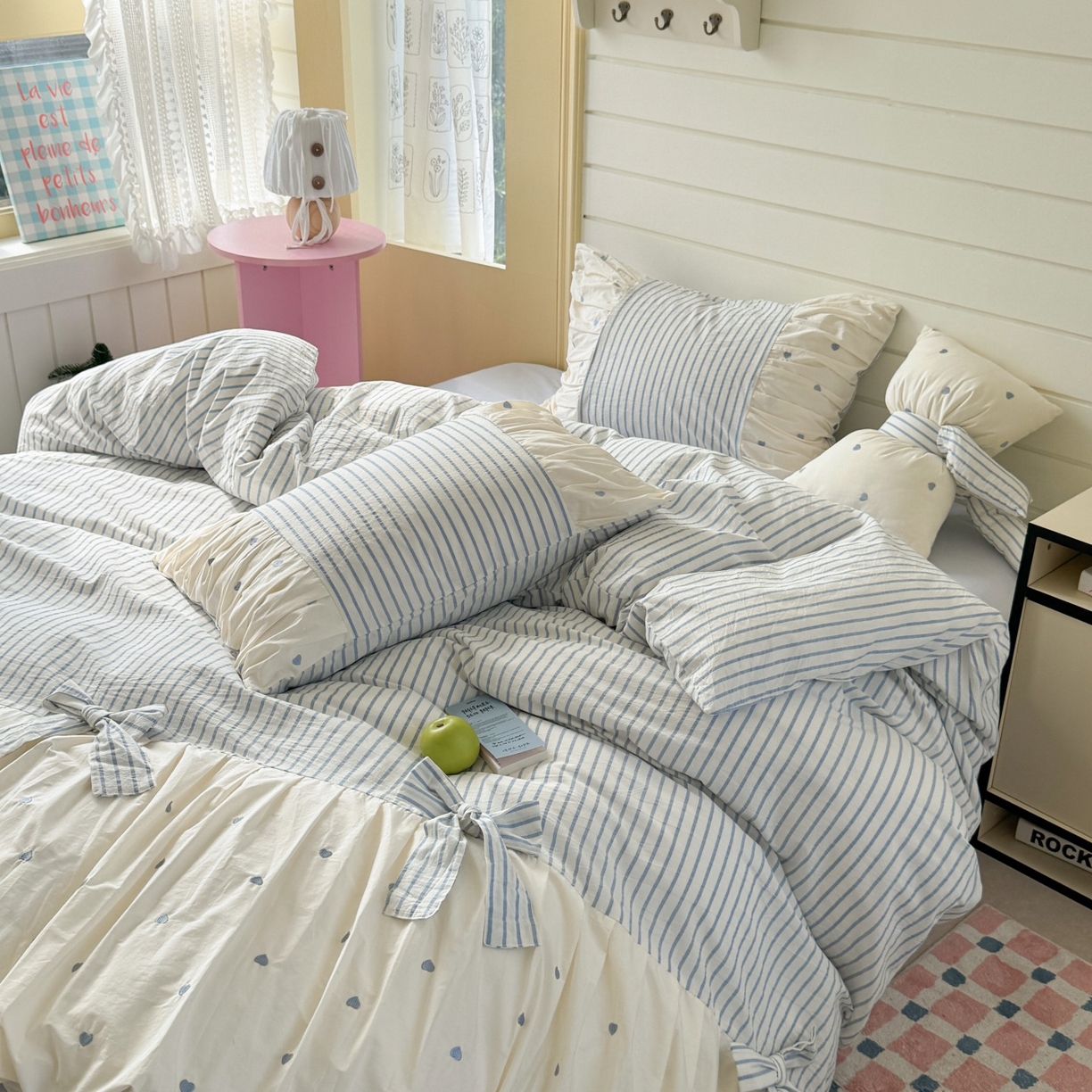 91家纺网 家纺一手货源 找家纺 觅糖家纺 2025新款100%全棉色织水洗棉系列四件套 月光甜梦-蓝