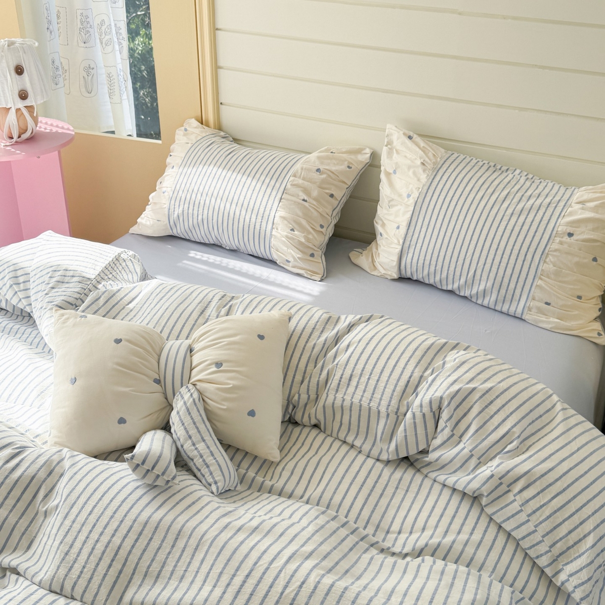 91家纺网 家纺一手货源 找家纺 觅糖家纺 2025新款100%全棉色织水洗棉系列四件套 月光甜梦-蓝