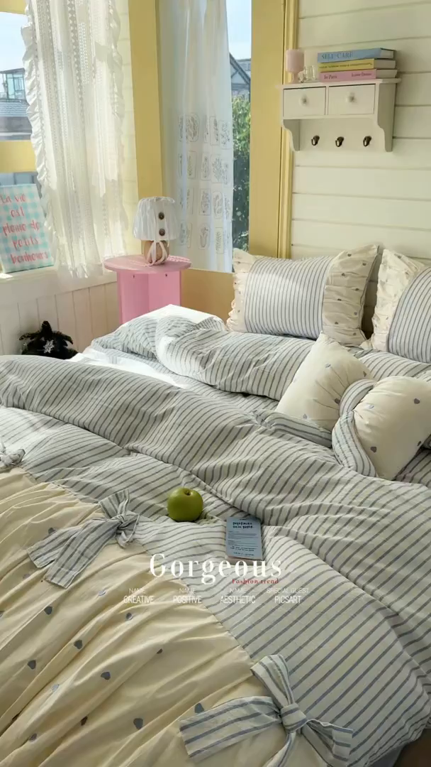 91家纺网 家纺一手货源 找家纺 觅糖家纺 2025新款100%全棉色织水洗棉系列四件套 月光甜梦-蓝