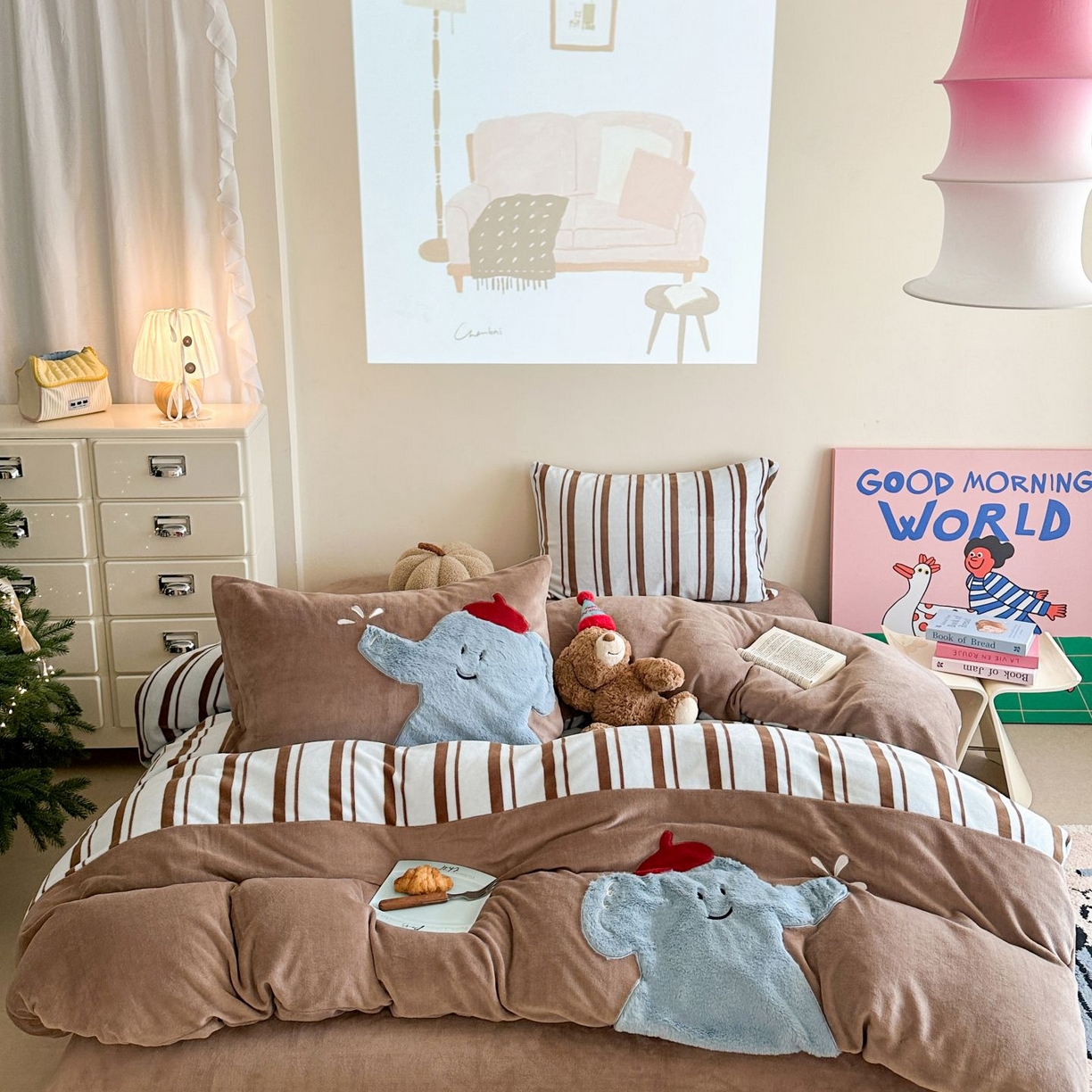 觅糖家纺 2025新款牛奶绒卡通贴布绣系列四件套 嬉戏小象