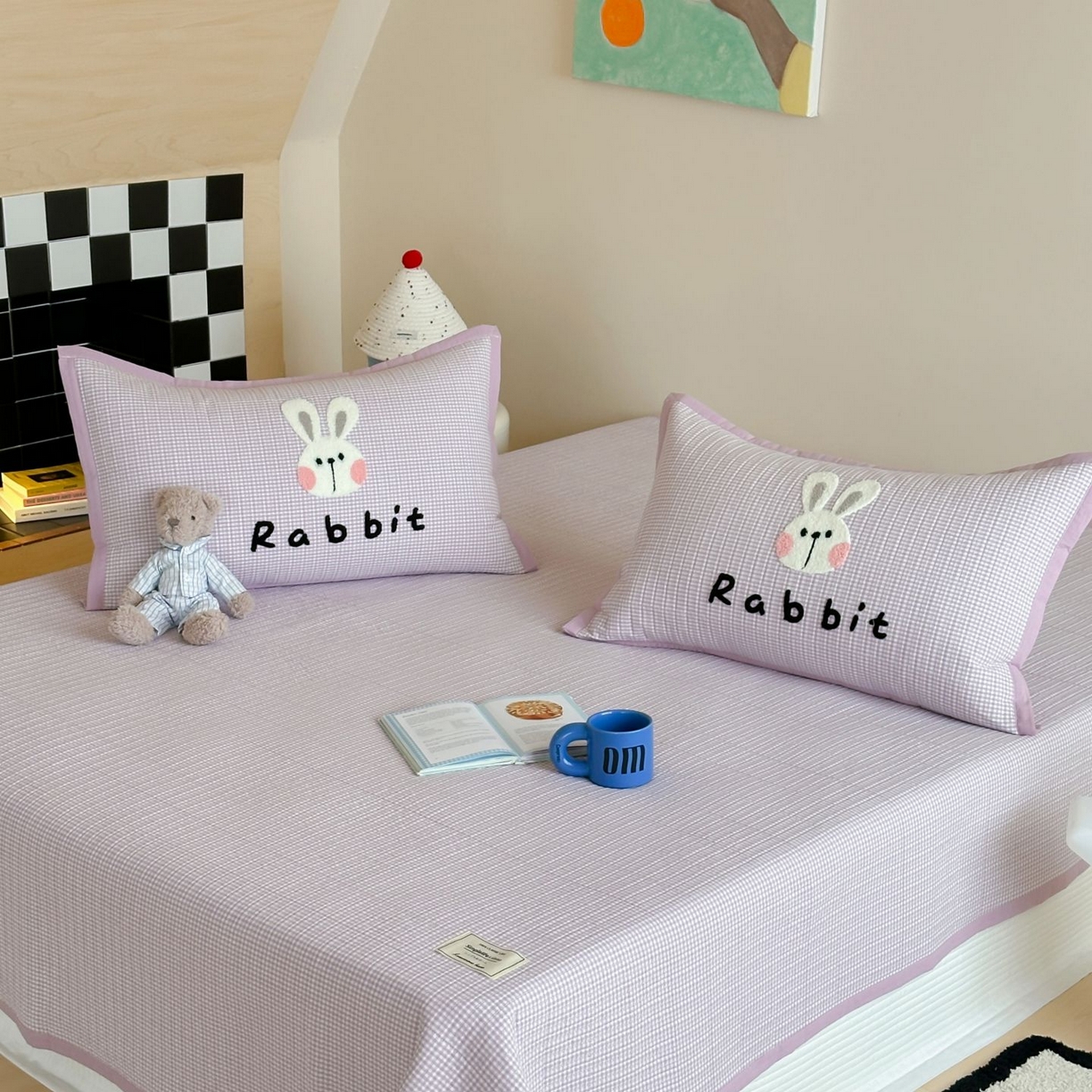 觅糖家纺 2025新款色织水洗棉毛巾绣床盖四件套 小白兔