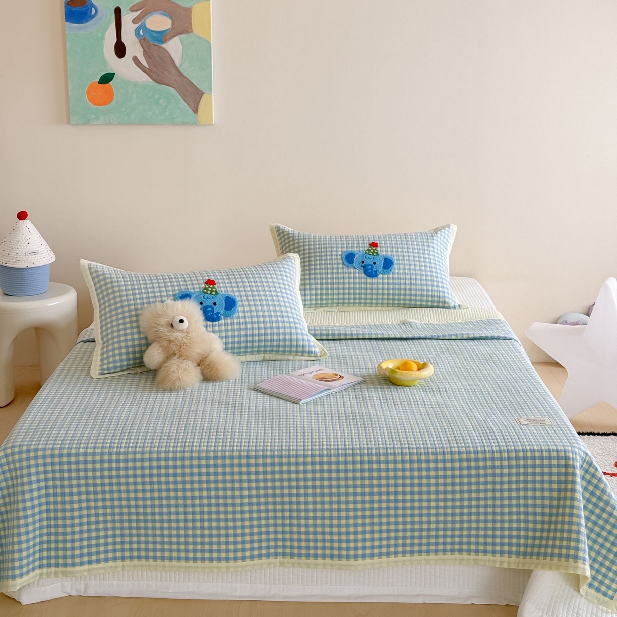 91家纺网 家纺一手货源 找家纺 觅糖家纺 2025新款色织水洗棉毛巾绣床盖四件套 可爱小熊