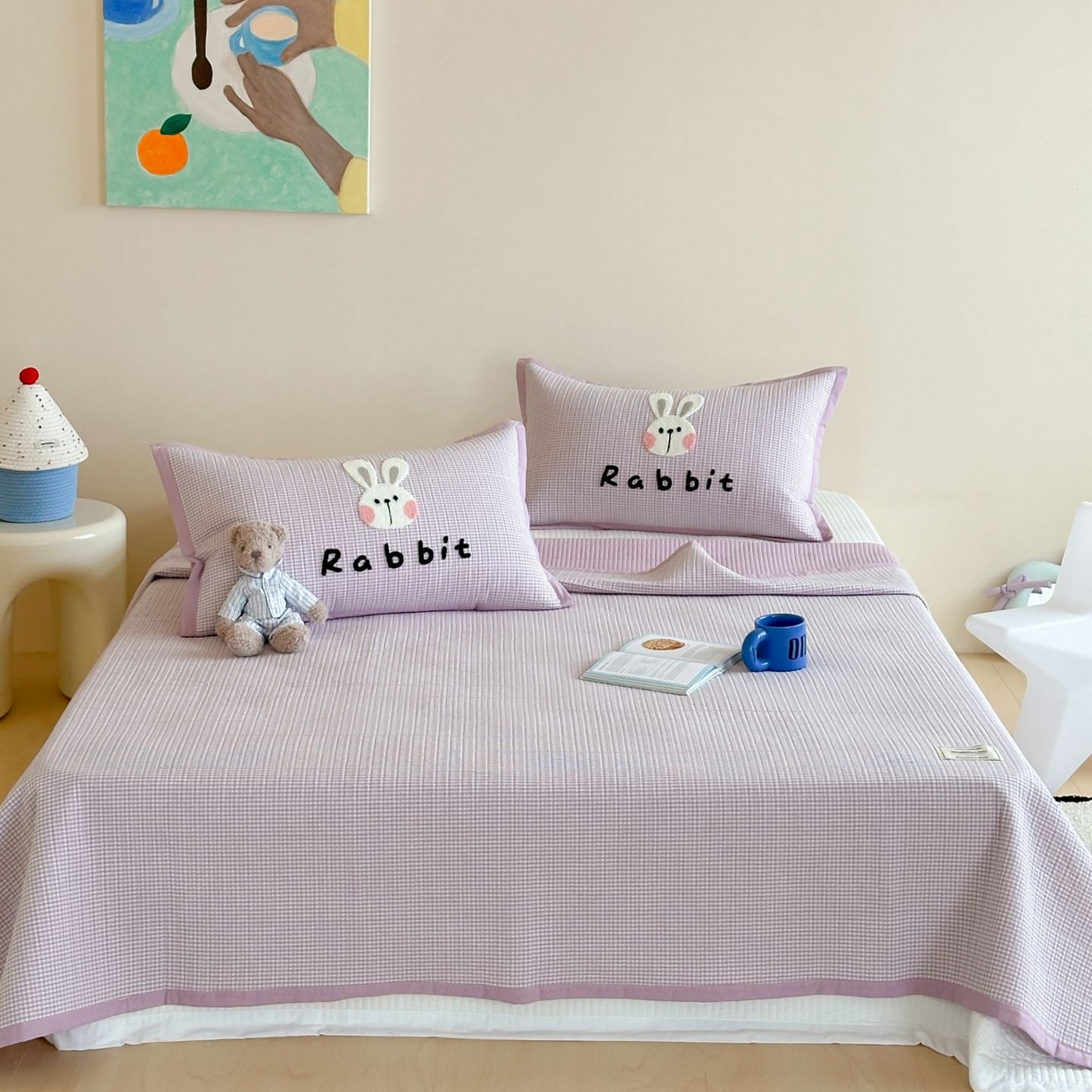 91家纺网 家纺一手货源 找家纺 觅糖家纺 2025新款色织水洗棉毛巾绣床盖四件套 小白兔