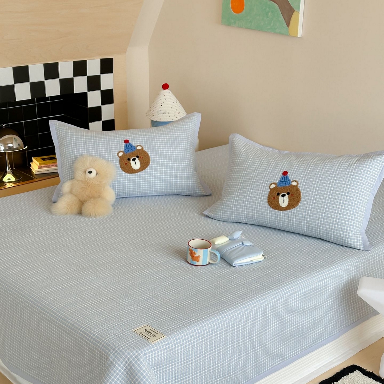 觅糖家纺 2025新款色织水洗棉毛巾绣床盖四件套 帽子熊